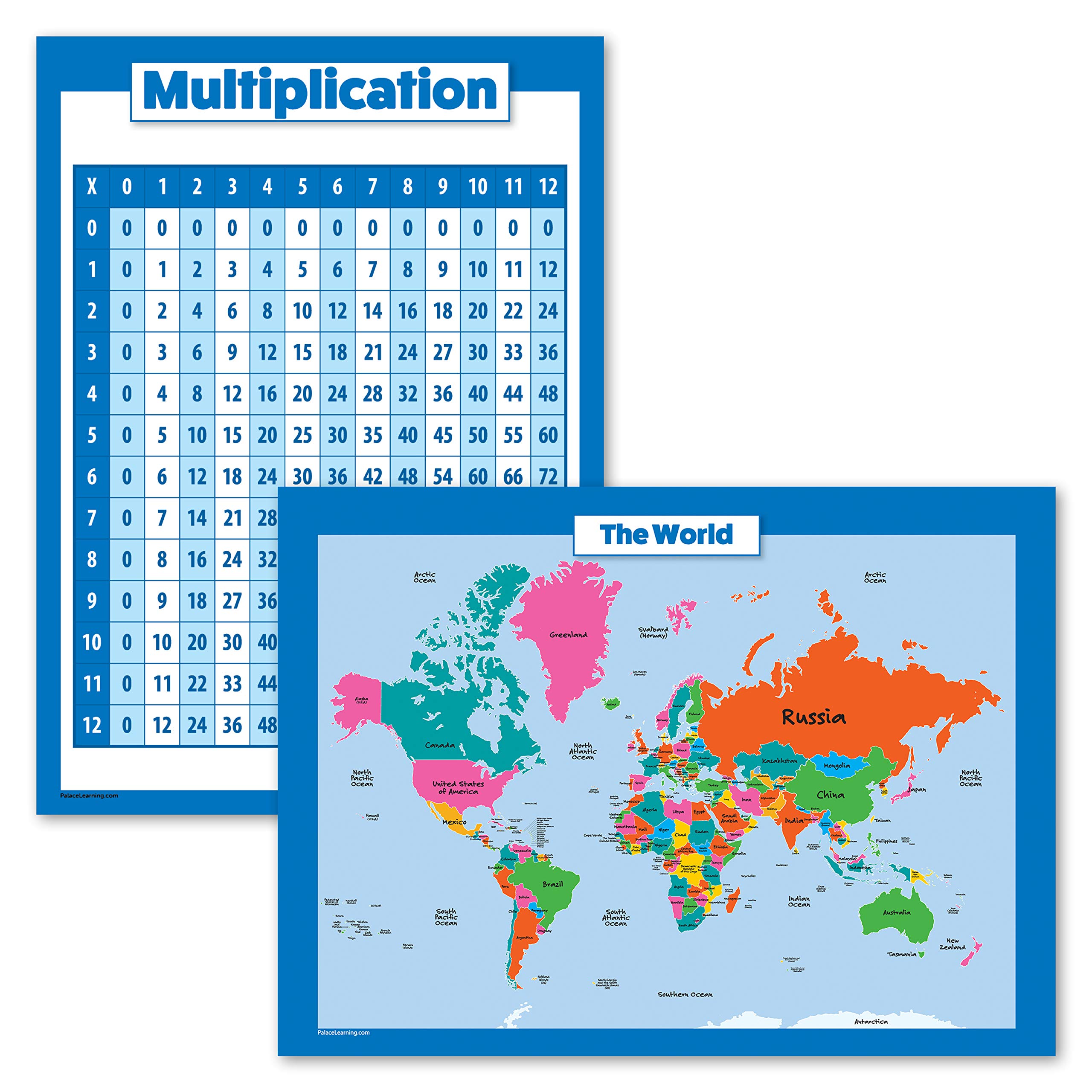 2 Pack - Multiplication Table Poster & World Map for Kids (Laminated, 18" x 24")