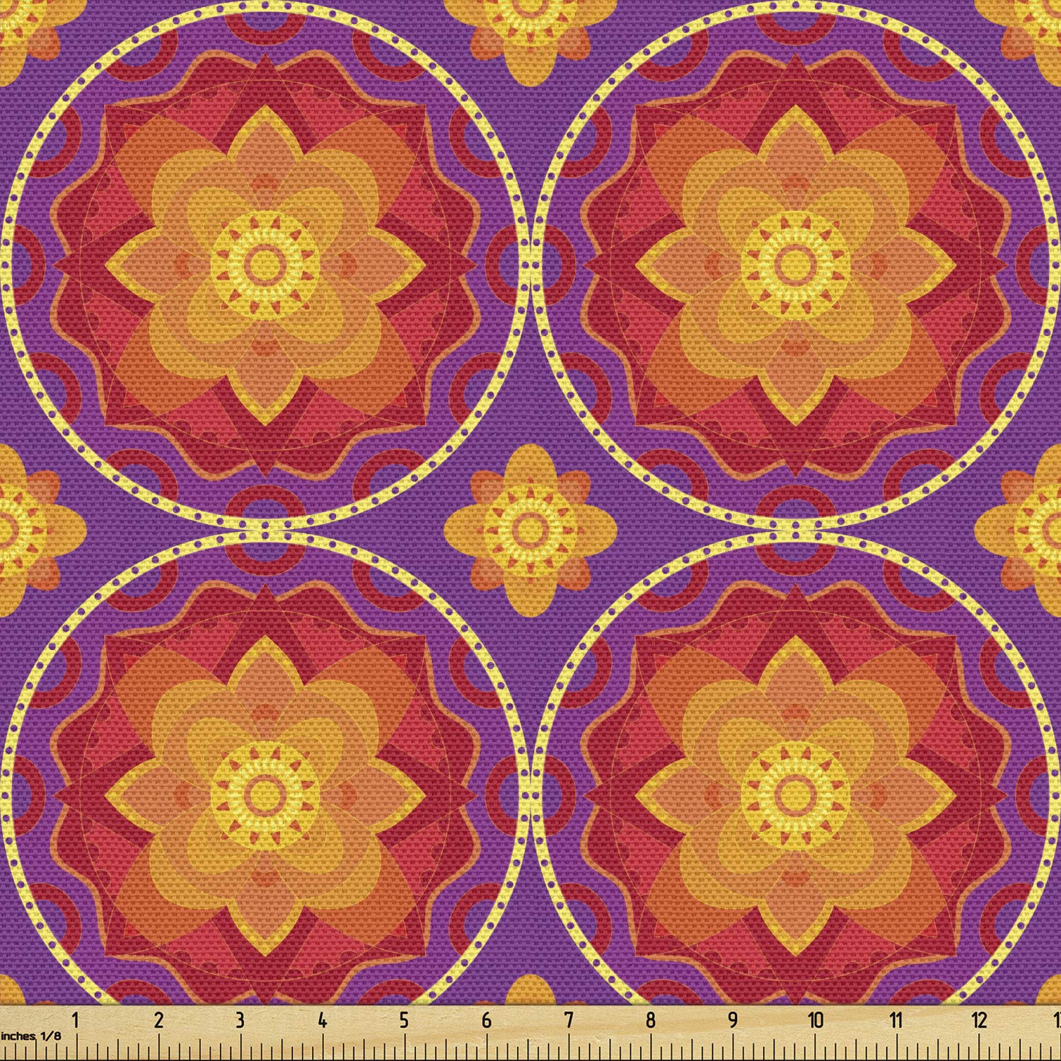 Lunarable Geometric Fabric by The Yard, Mandala Inspired Elements in Continuous Floral Pattern on Purple Backdrop, Decorative Fabric for Upholstery and Home Accents, 1 Yard, Purple Red