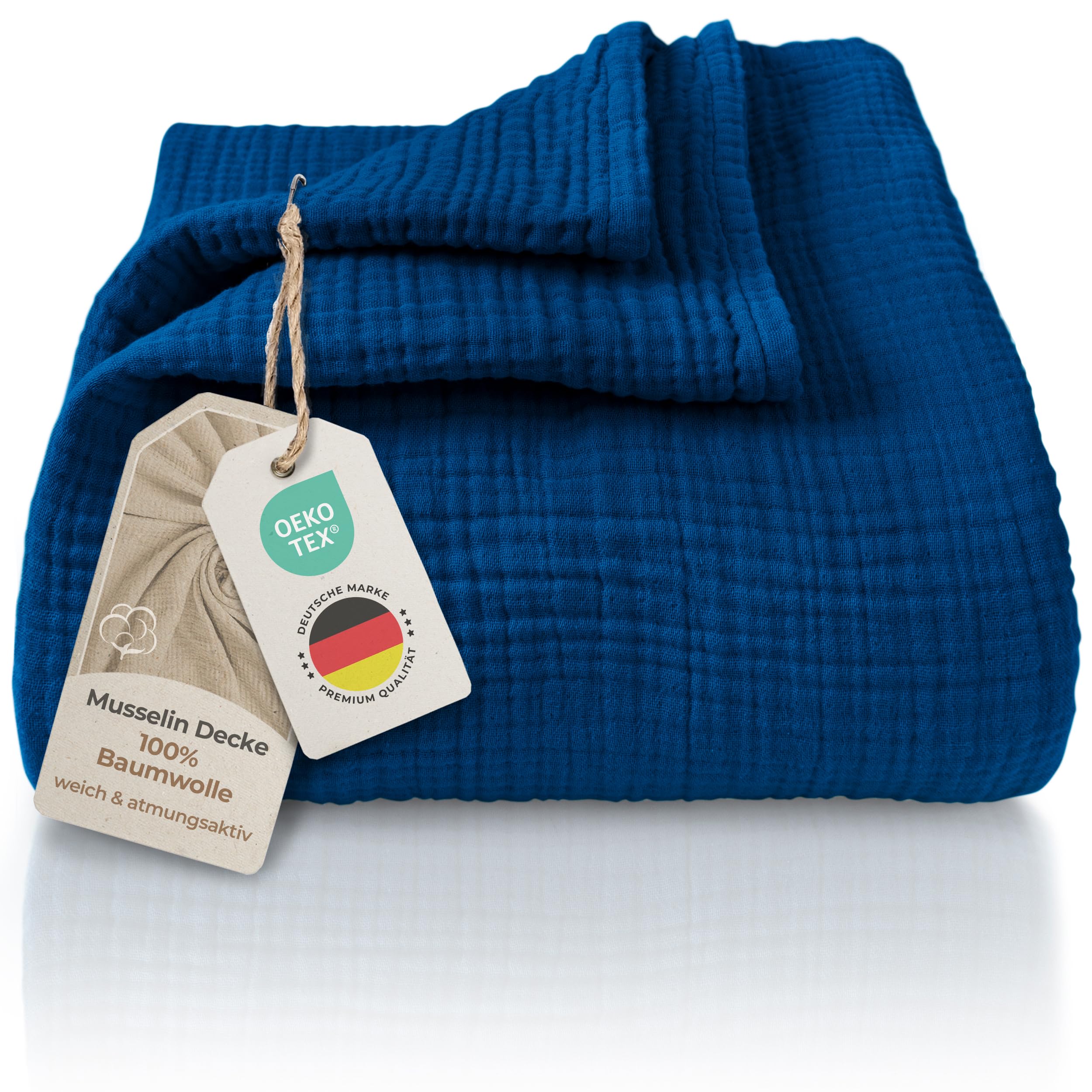 LAYNENBURG Colcha de Muselina Premium 180 x 220 cm - 100% algodón - Manta de algodón Extra Suave como Manta acogedora, Manta de Cama, Manta de sofá, Manta de sofá (Azul)