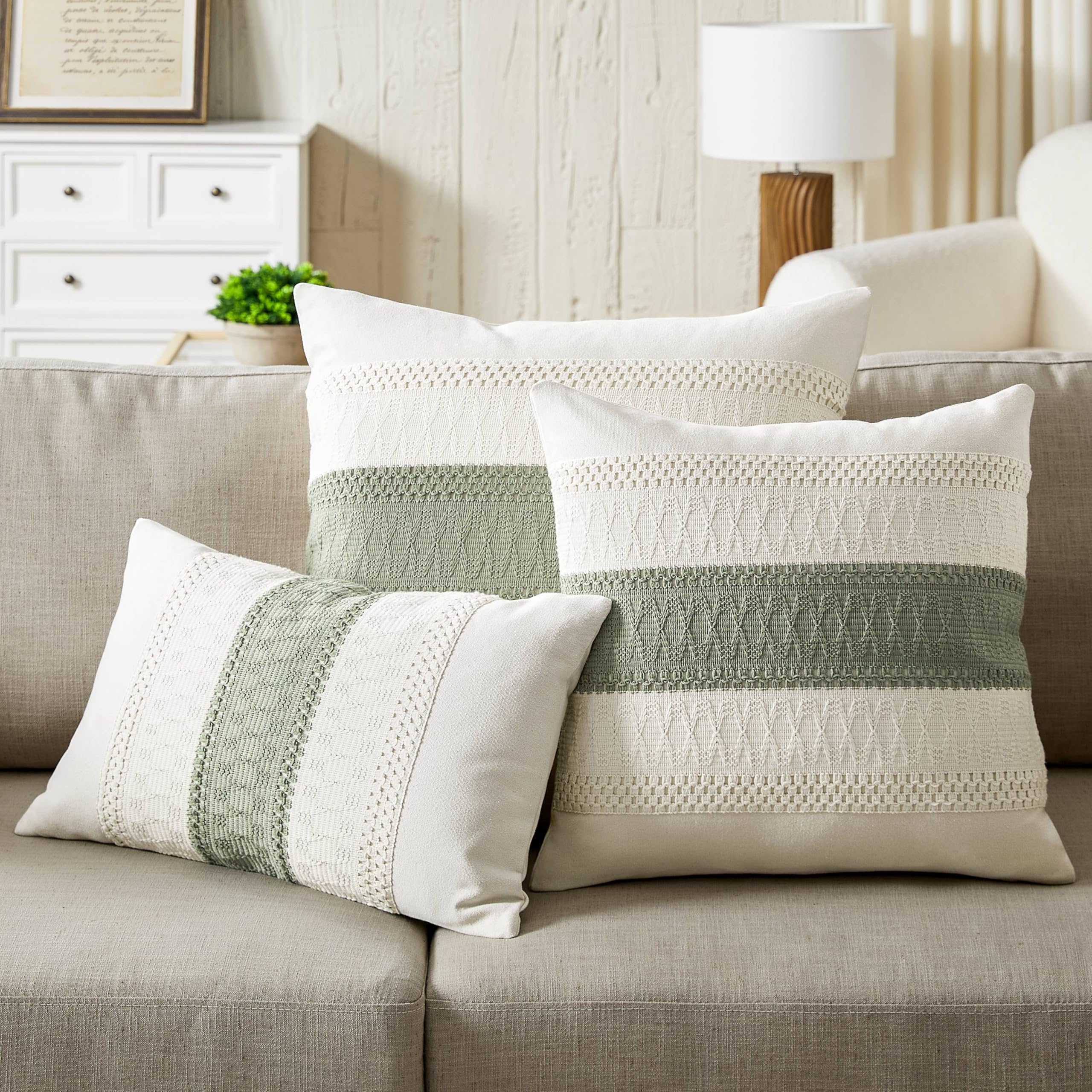 Paquete de 2 fundas de almohada bohemias de algodón de 20 x 20 pulgadas, color verde contrastante, fundas de almohada decorativas de granja suaves para sofá, cama, sala de estar, decoración 5