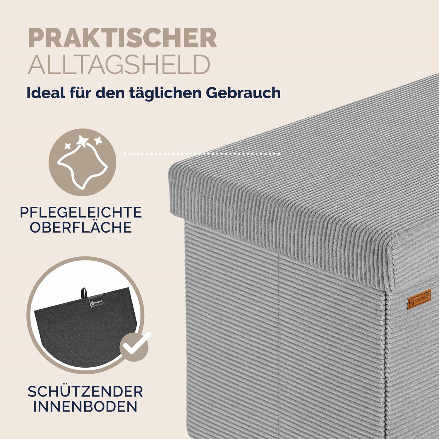 Image highlighting the easy-care surface and protective inner bottom of the Casaria storage bench