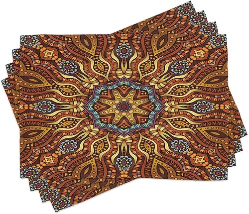Ambesonne Juego de 4 manteles individuales étnicos, diseño de mosaico de colores cálidos con estampado de remolinos florales, manteles individuales