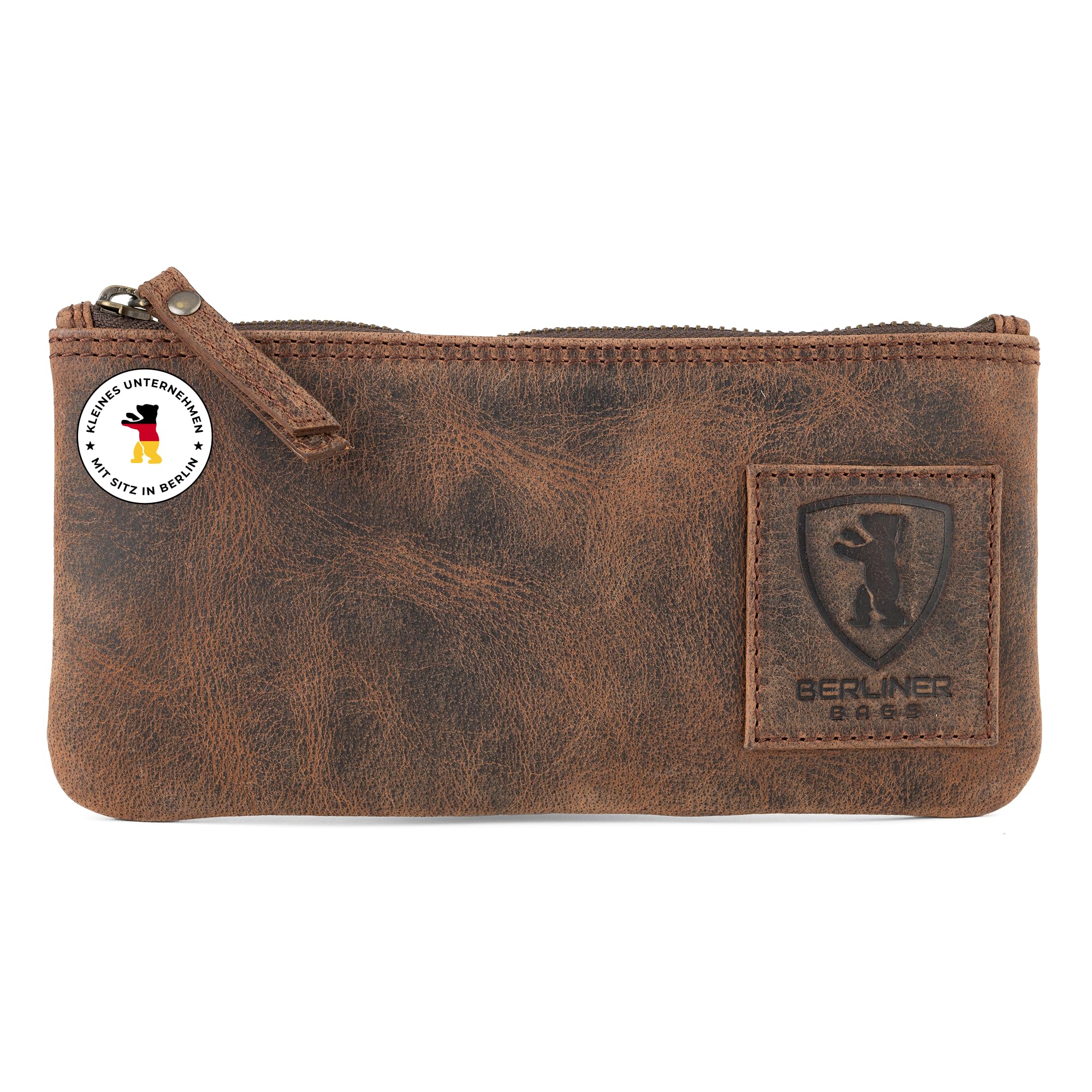 Berliner Bags Vintage Federmäppchen Etui aus Leder mit YKK Reißverschluss, Federmappe für Stifte - Braun