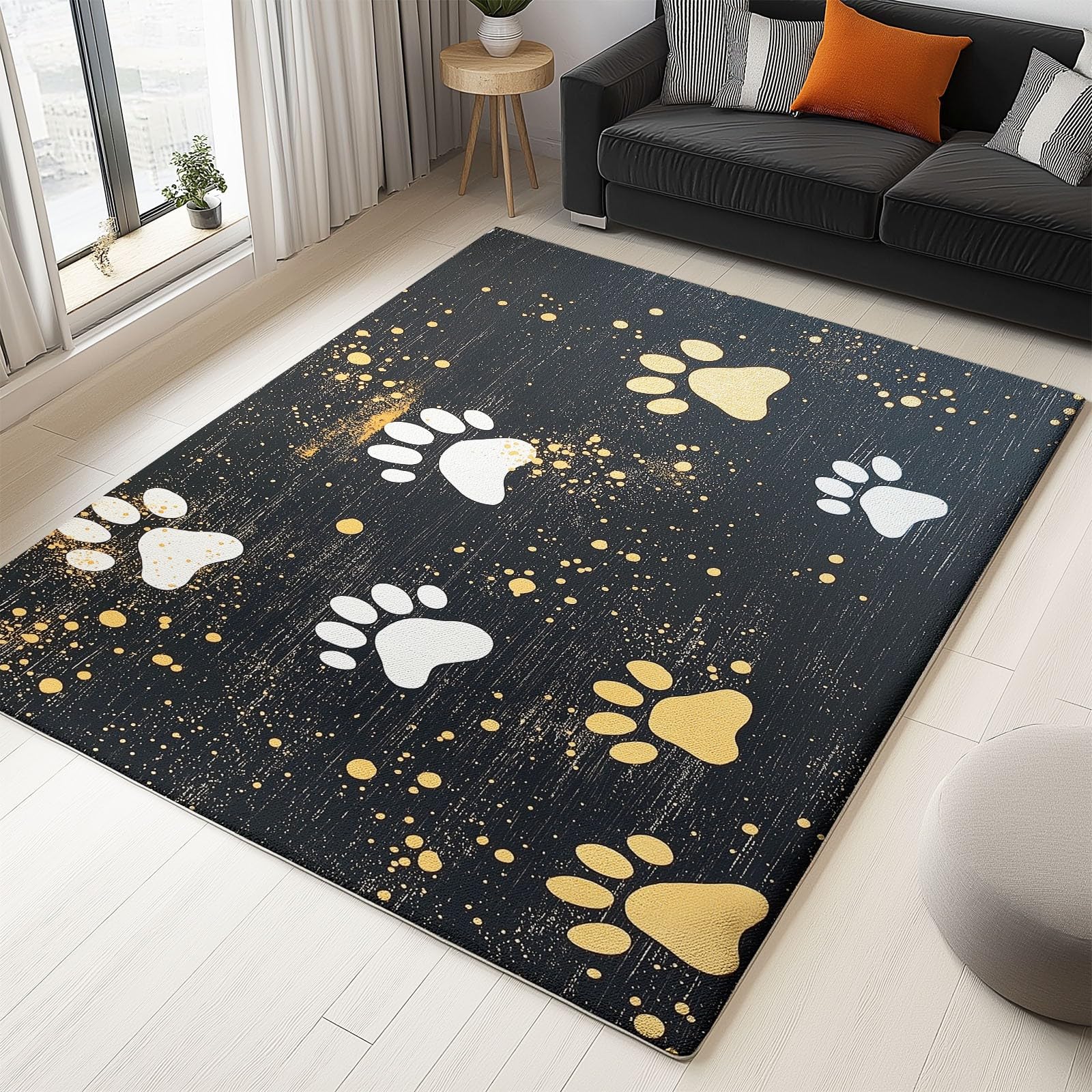 Dywanik do salonu, antypoślizgowy, 140 x 200 cm, czarny, nadaje się do prania, do sypialni, z kreskówki, urocze zwierzęta domowe, fajne odciski łap, bardzo miękki, antyalergiczny, dla dzieci, do biura