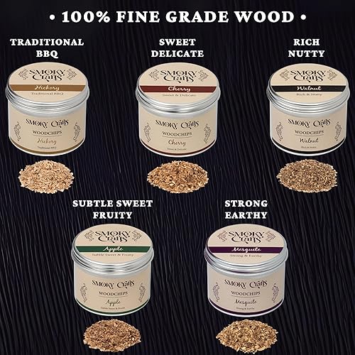 Miniatura 4 de 5 chips de madera de 2 onzas para ahumador de cóctel (juego de 5 cereza, nogal, manzana, mezquite, nuez)  5 sabores de chips de madera para pistola