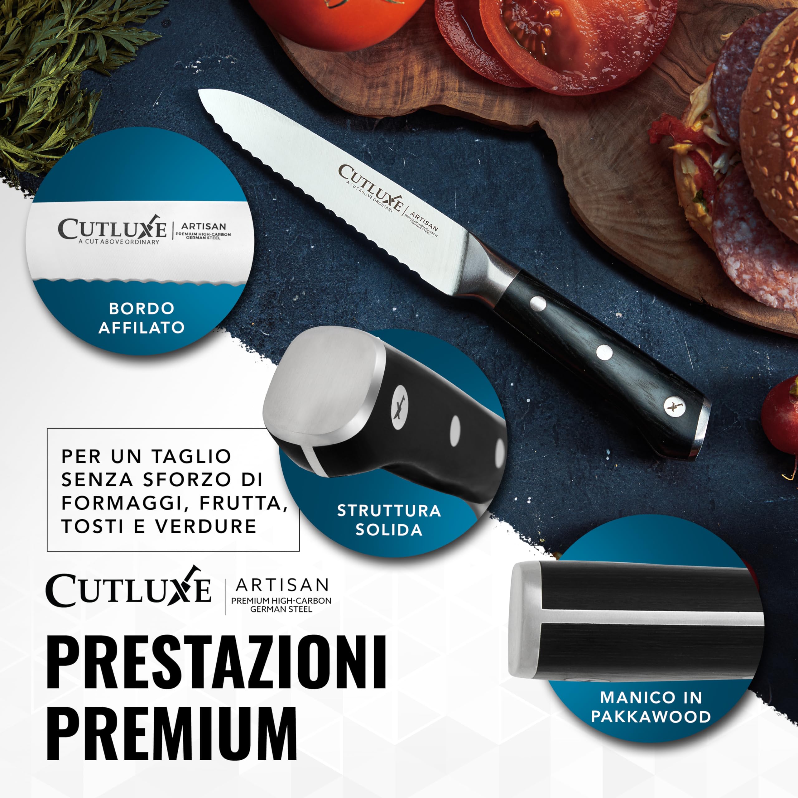 Cutluxe Seghettato Coltello Universale - 13 cm Coltello da Cucina Professionale - Coltello Pomodoro - Coltello Verdure - Acciaio Tedesco al Carbonio Forgiato - Impugnatura Ergonomica - Serie Artisan
