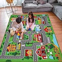 AKASISRUG Kids Car Playmat Rug 59x39.4" Non-Slip City Road Map Play Mat for Boys Bedroom Playroom - Green Toy Car Track