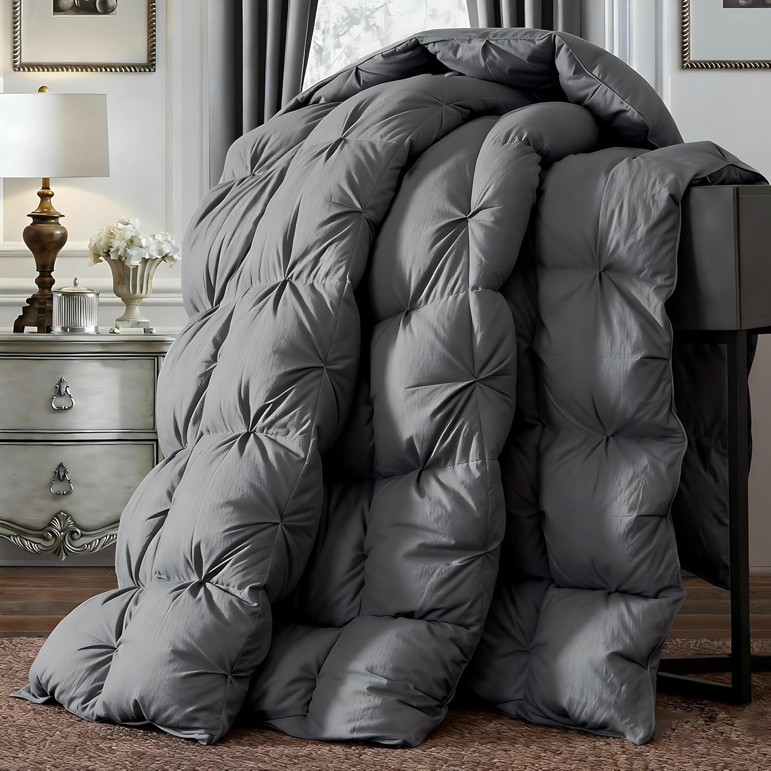 DREAMHOUR Pinch Pleat Goose Down Comforter King Size 106x 90，All Season Fluffy Duvet Insert, Noiseless Anti-Down Leak，100% Cotton Shell, RDS Oeko-TEX Certified, Hotel Luxury Bedding