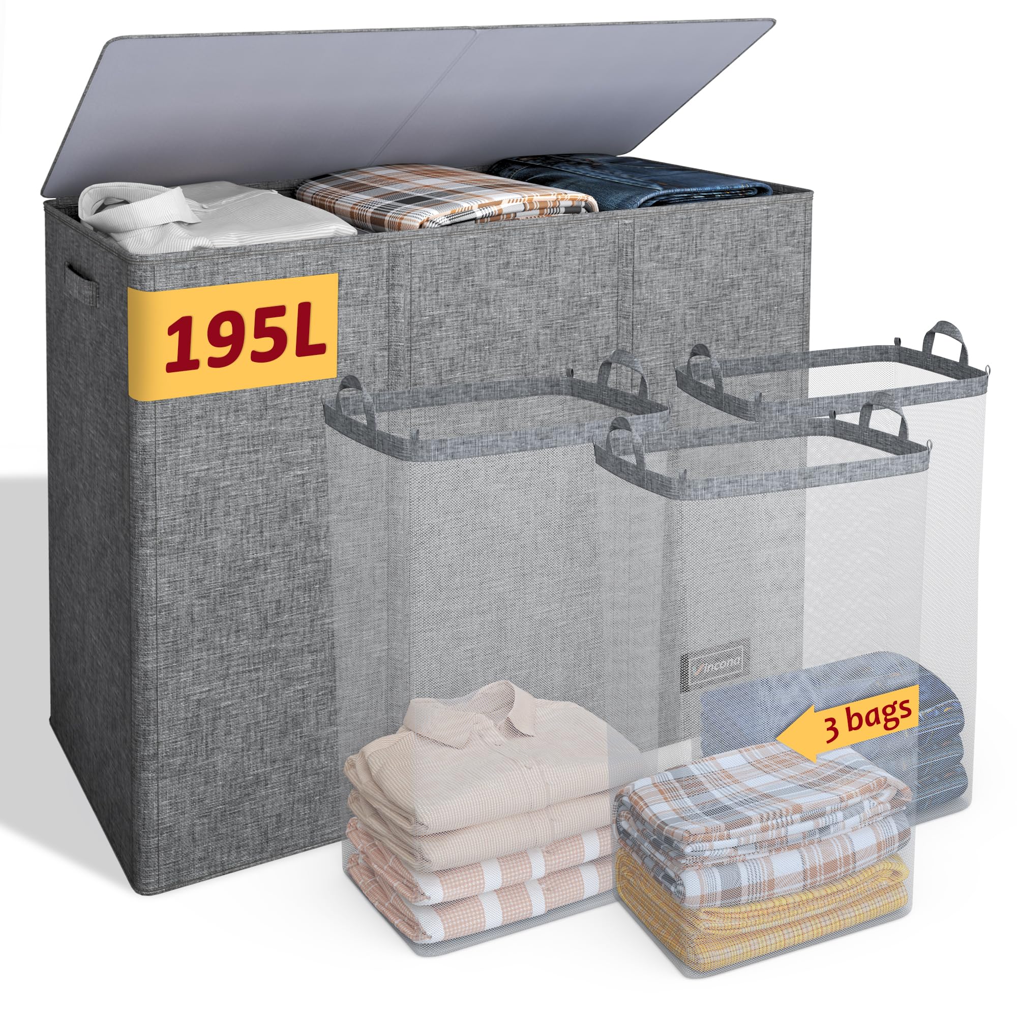 Photo 1 of 195L Laundry Hamper 3 Section,Large Laundry Hamper with Lid,Dirty Clothes Hamper with 3 Inner Bags,Collapsible Laundry Basket Organizer for Laundry Room,Bedroom,Laundry Sorter Hamper 3 Compartment