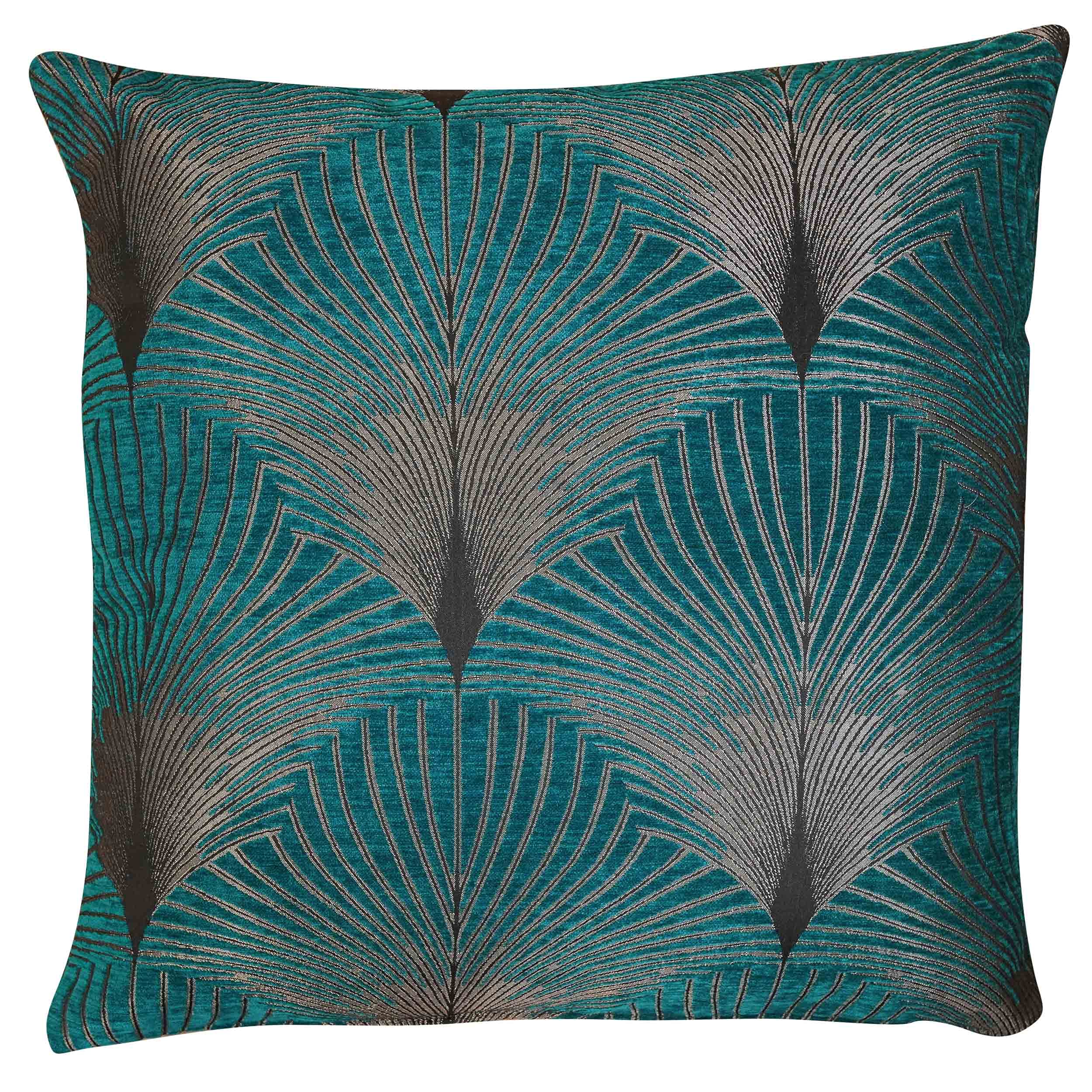 Linen Loft Teal Art Deco Retro Fan Extra-Large Cushion Cover. Blue And Silver Vintage Design. Luxury Velvet Chenille. 23X23 Xl Square Cushion. Cover Only.