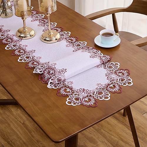 Miniatura 4 de Camino de mesa de encaje jacquard rojo oscuro blanco de 36 pulgadas de largo, bufanda de aparador claret, decoración de mesa para cocina, mesa de