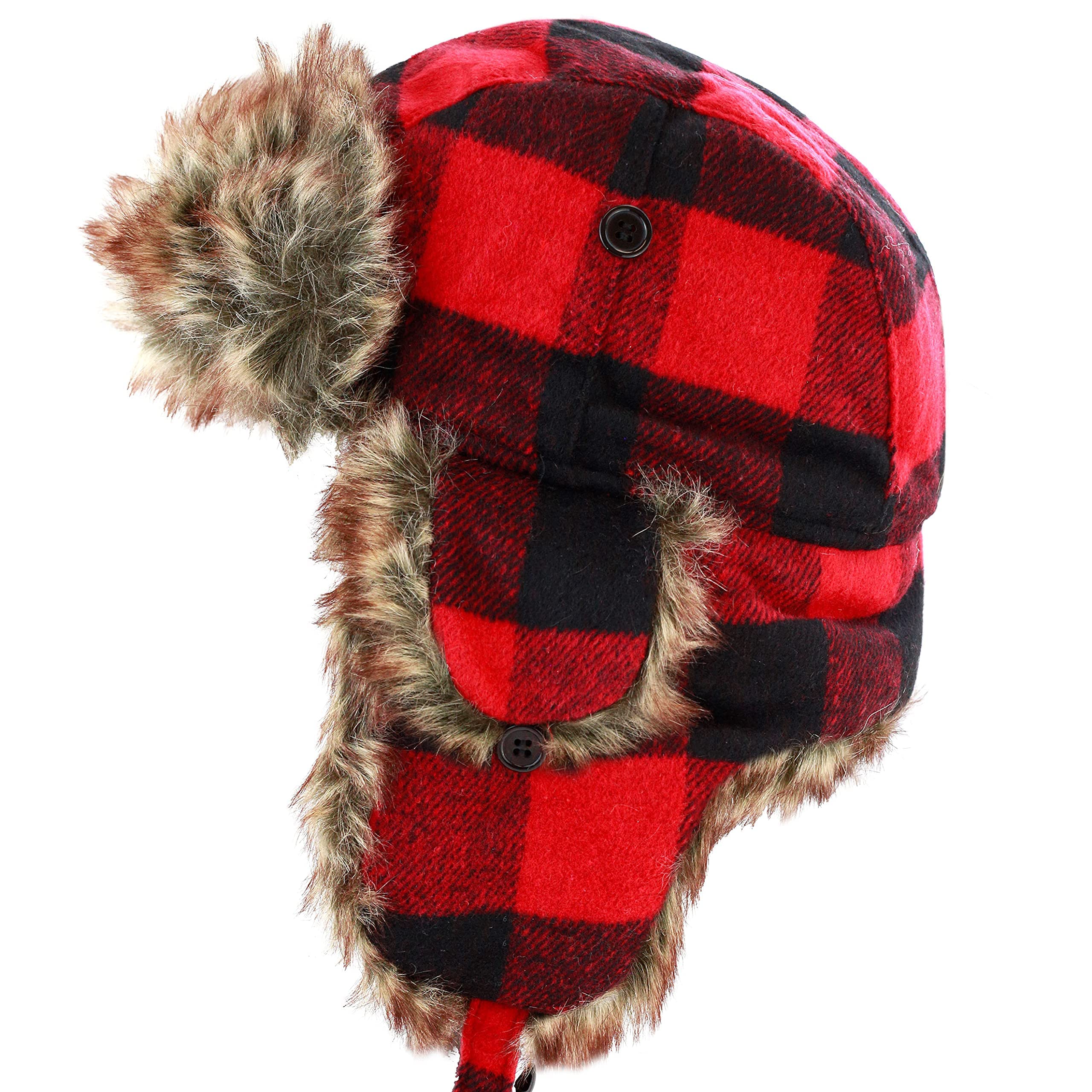 Faux Fur Safety Reflective Plain Plaid Aviator Trapper Hat Snow Ski Trooper Winter Cap
