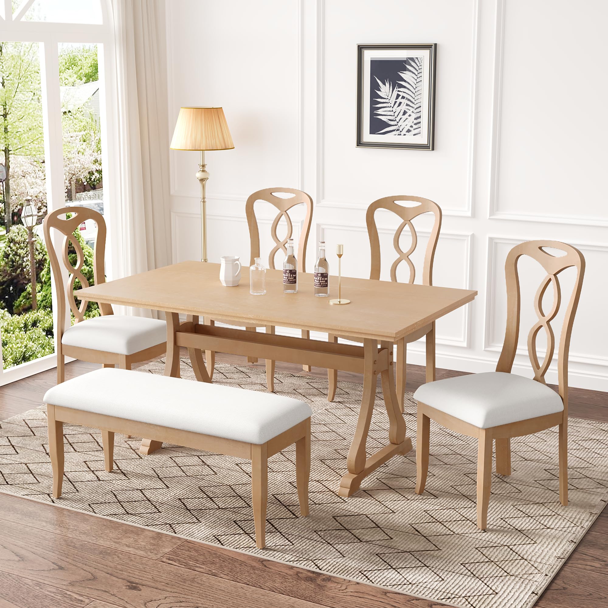 VOXIV6 Pieces Trestle Dining Table Set with Upholstered Dining Chairs and  Dining Bench, Smooth Dining Backs for Dining Room Living Room Kitchen Retro