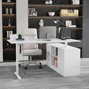 L Shaped Standing Desk Height Adjustable, 63" W Electric Sit Stand Desk with Drawers & Storage Cabinet, Reversible Home Office Table Corner Computer Workstation, Modern White 29.1"-44" H