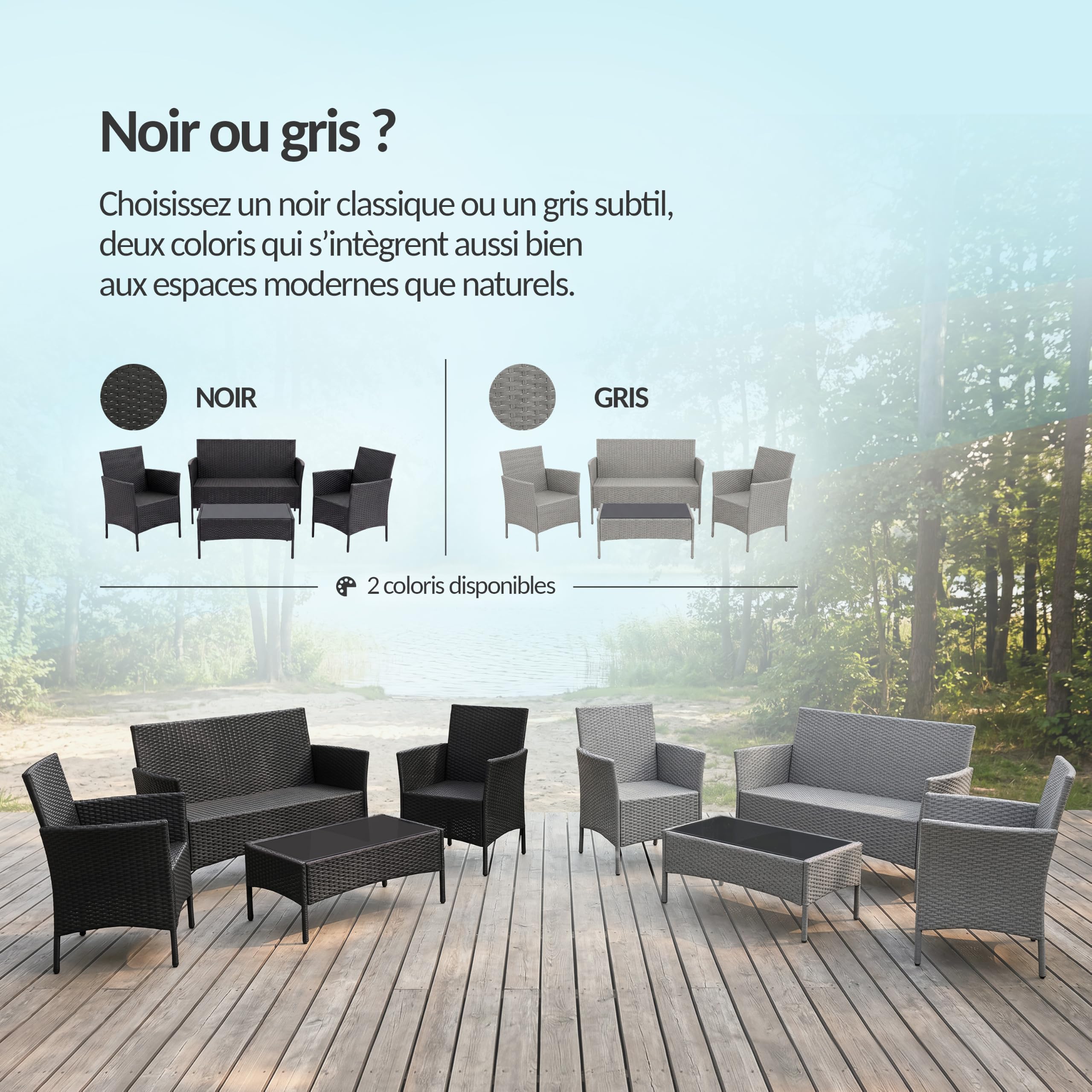 POKAR Salon de Jardin Rotin Gris avec Coussins Assise et Dossier Beige