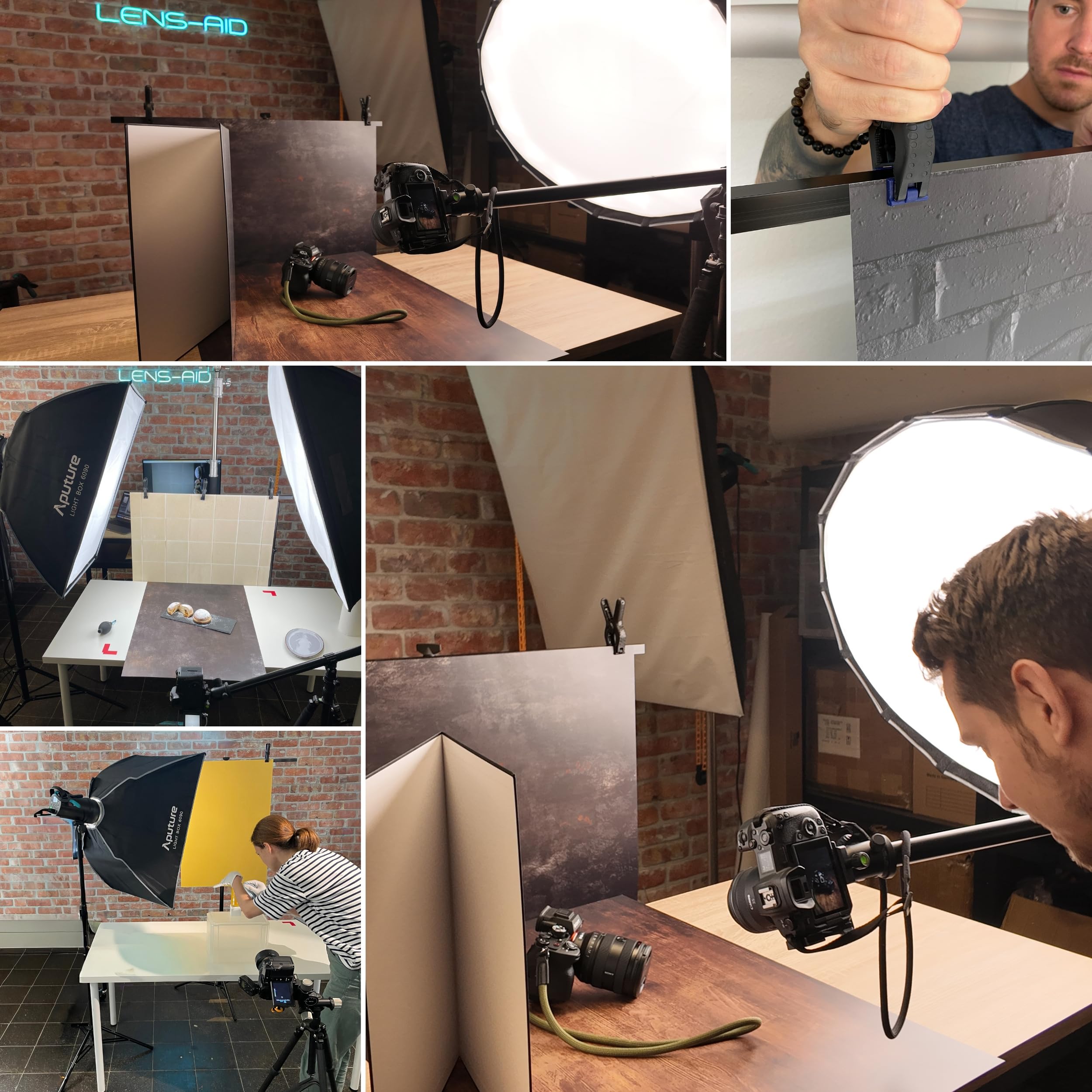 LENS-AID statyw do tﾅＢ foto Flatlay i uchwyt lampy | Poprzeczka do teł fotograficznych, wysokość 100-186 cm, kolumna 28 mm z szybkozłączem, 2 zaciski