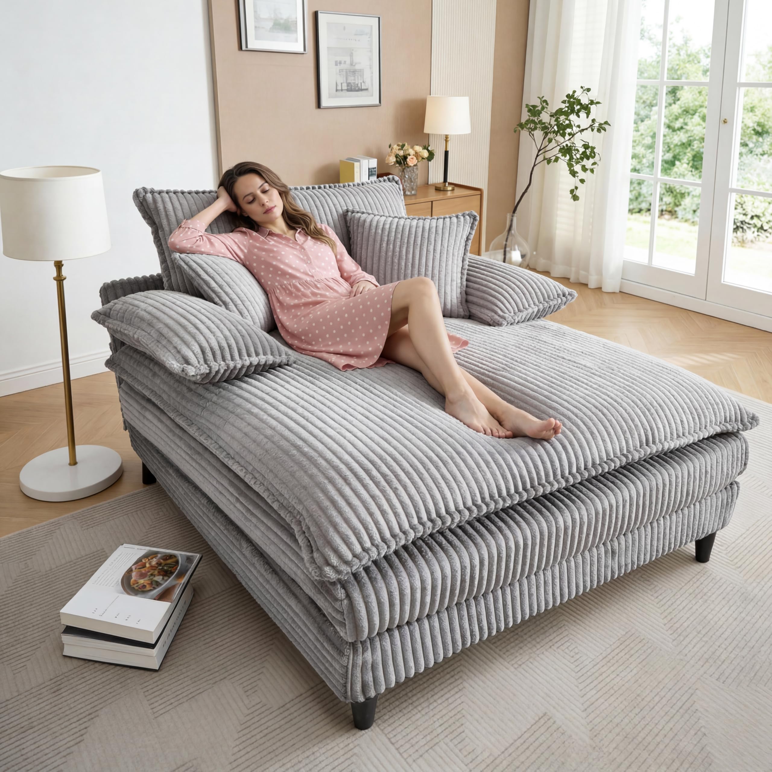 Oversized Chaise Lounge Chair Indoor with 5-Position Adjustable Backrest, 54.8" Upholstered Corduroy Deep Seat Single Cloud Sofa Chair, Fluffy Modern Sleeper Couch Bed for Living Room, Grey