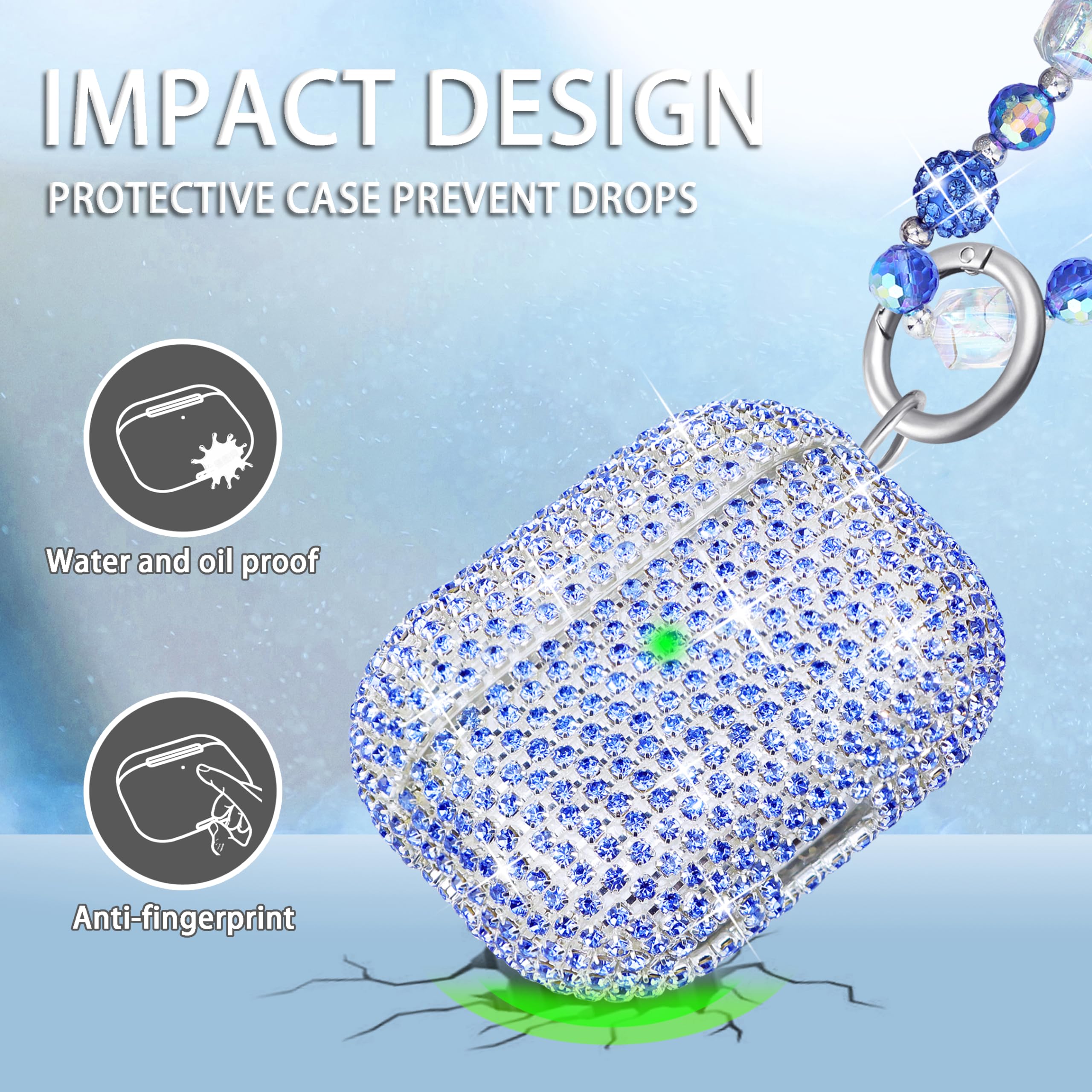 Topgraph for AirPods Pro 2 Case Cover with Lanyard Glitter Diamond Case for Airpod Pro 2nd Generation with Sparkle Bling Crystal Wrist Strap Keychain Blue - Image 2