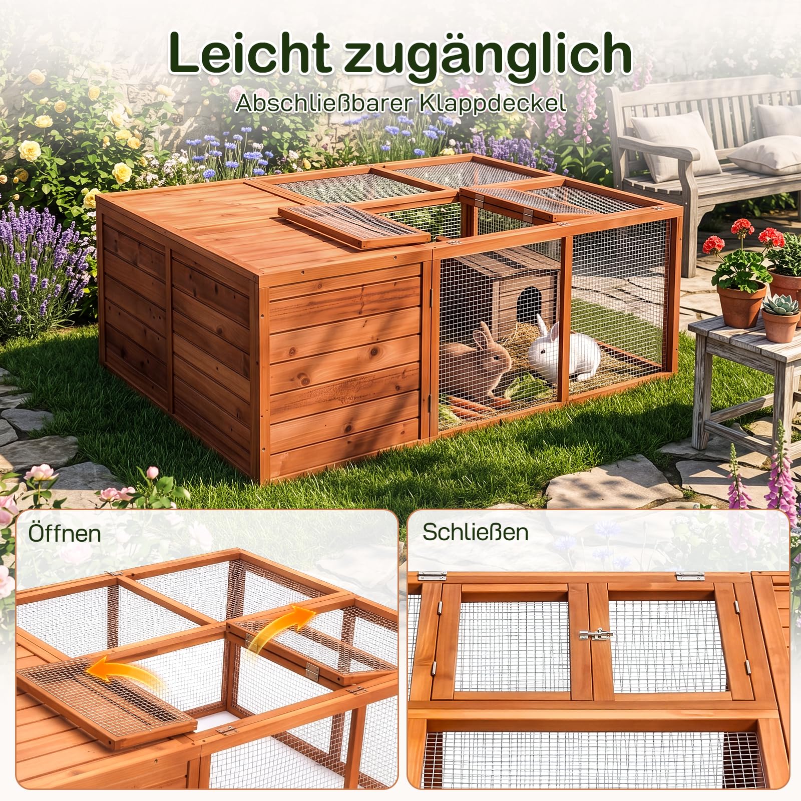 kaninchenstall, Das obere Paneel lässt Sich hochklappen, freilaufgehege Geeignet für Kaninchen und Meerschweinchen, hasenstall draußen Winterfest, 150x103x53cm