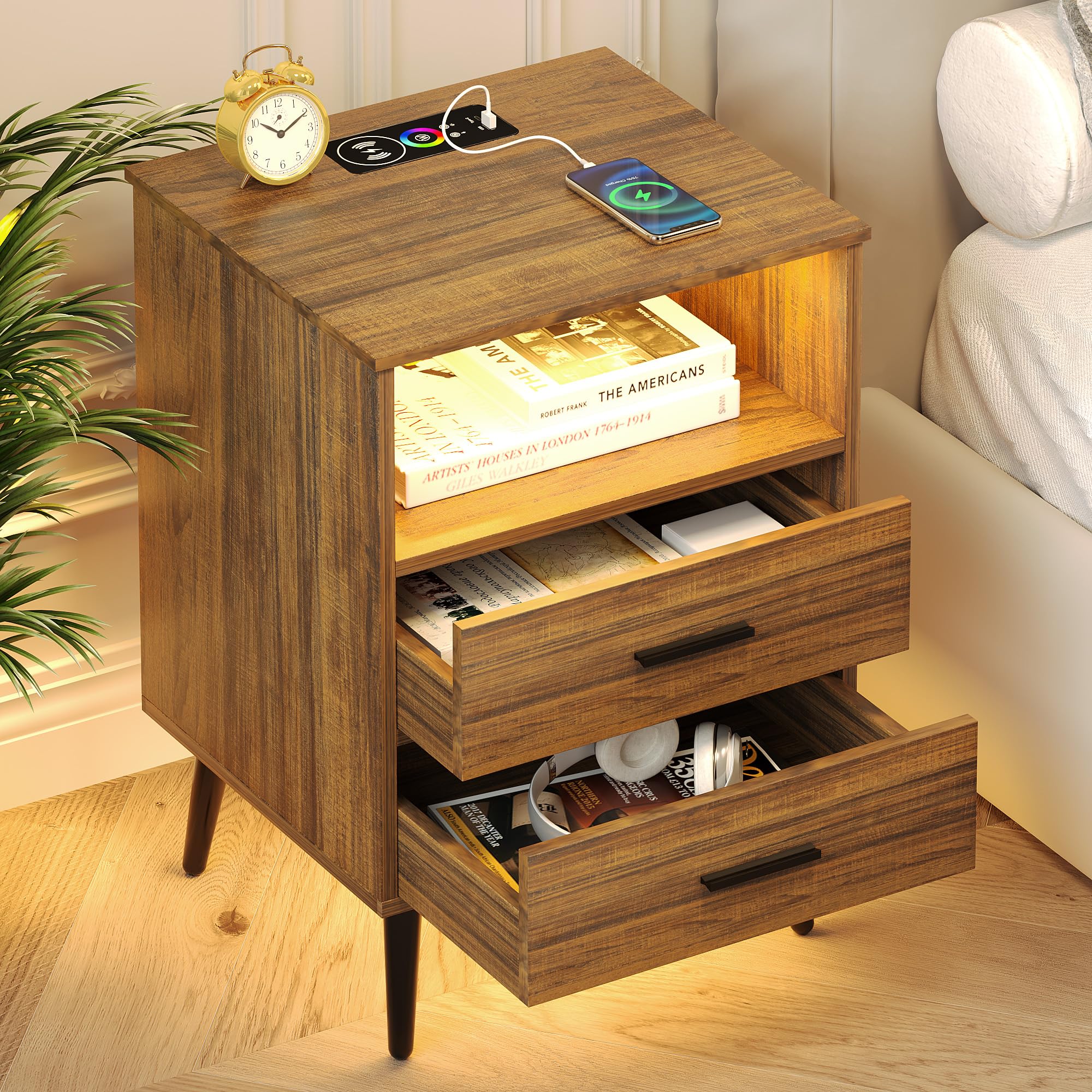 FREDEES LED Nightstand with Charging Station, Smart Bedside Tables with