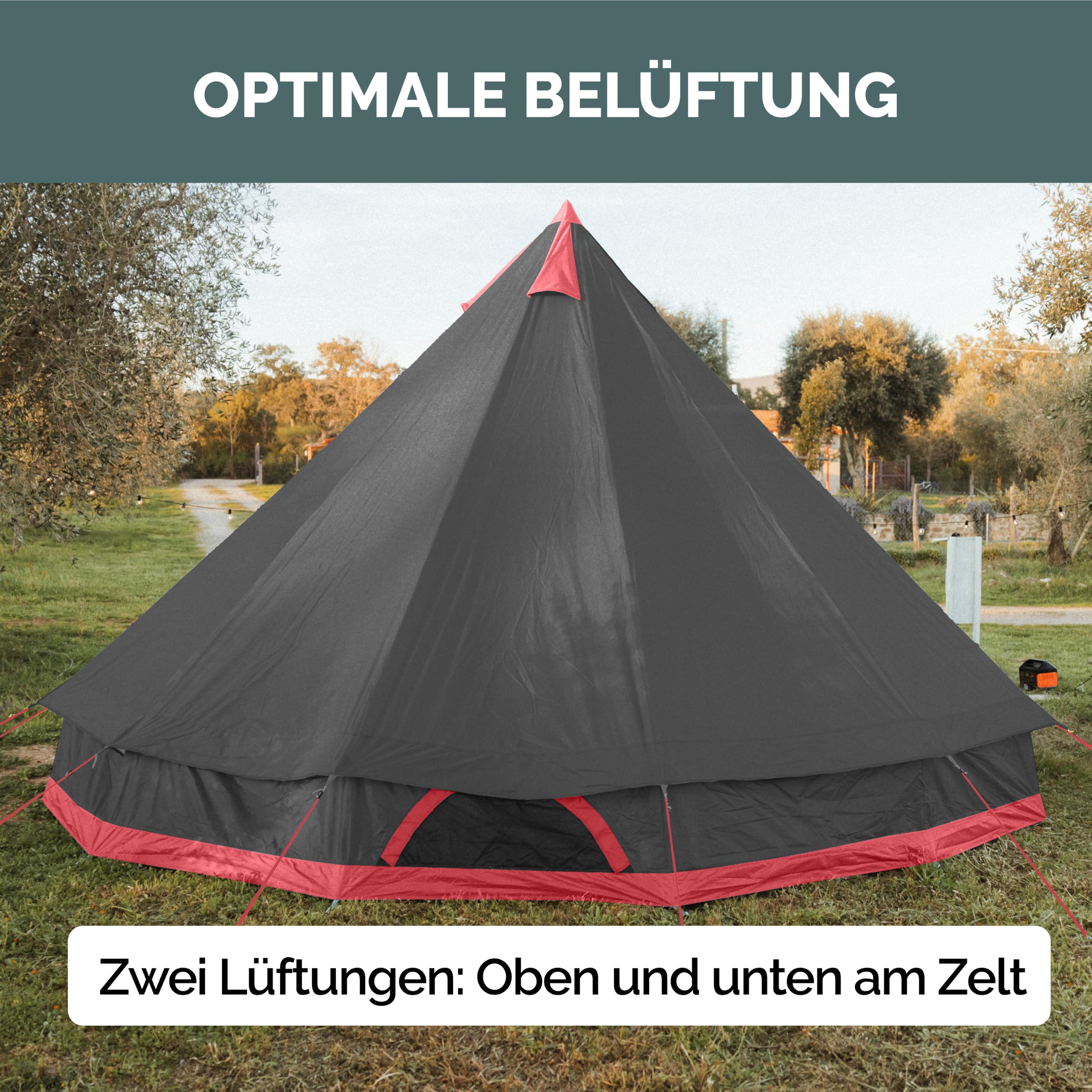 JUSTCAMP Bell Gruppenzelt für 10 Personen – wasserdichtes Tipi Zelt mit 3.000 mm Wassersäule, Stehhöhe, Moskitonetzen und eingenähtem Boden Sport & Freizeit