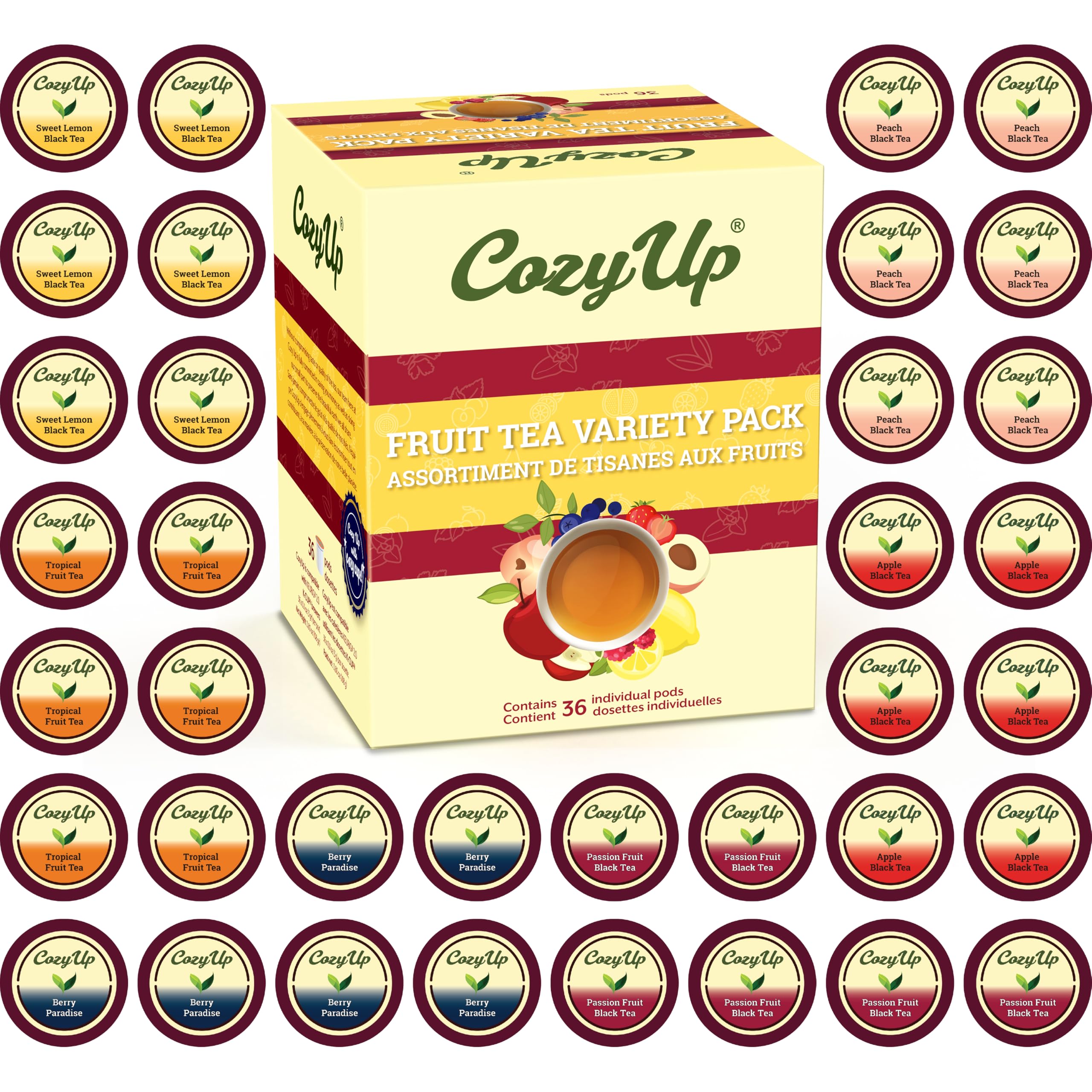 Cozy Up Iced Sweet Fruit Black Tea K-Cup Variety Pack, 36 Count, Guilt-Free Zero Calorie Sweetness - Compatible with Keurig - Lemon, Tropical, Berry, Passion Fruit, Apple & Peach - Single Serve Pods for Brew Over Ice
