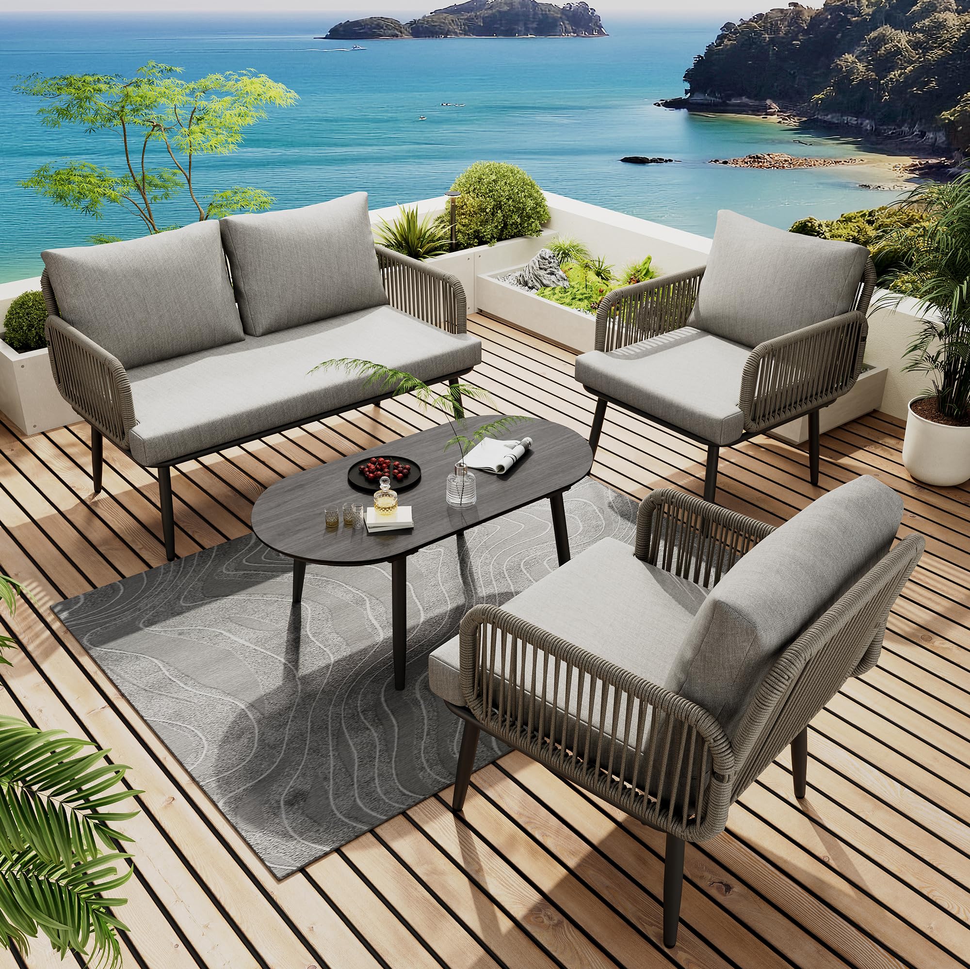 Set di sedie da giardino, con comodo cuscino, divano a 2 posti, 2 poltrone e tavolino da caffè, in acciaio zincato, corda intrecciata a mano, piano in vetro in stile venatura del legno, grigio