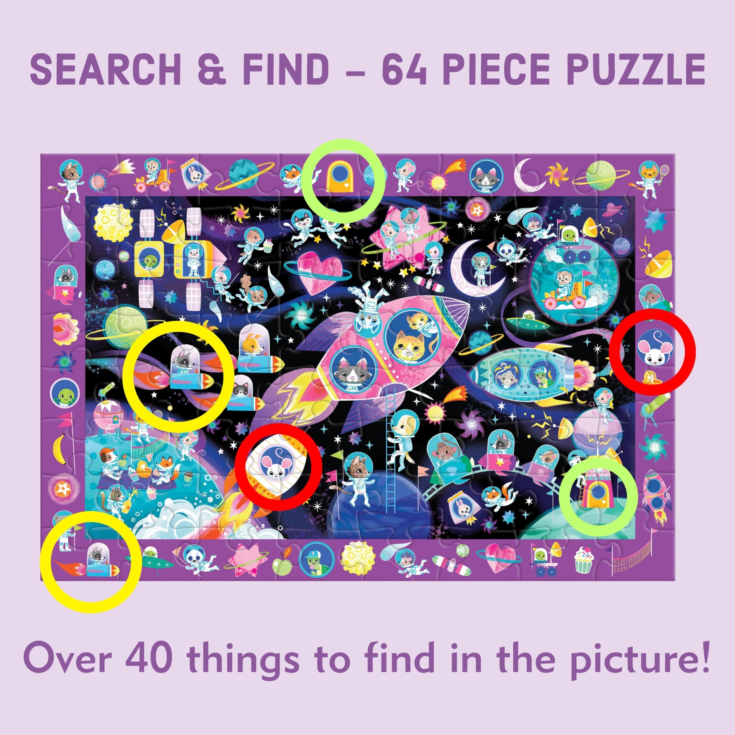 Mudpuppy Cosmic Dreams - 64 Piece Search & Find Jigsaw Puzzle Featuring Cats in A Whimsical Outer Space Wonderland and Over 40 Hidden Images to Find - Image 3