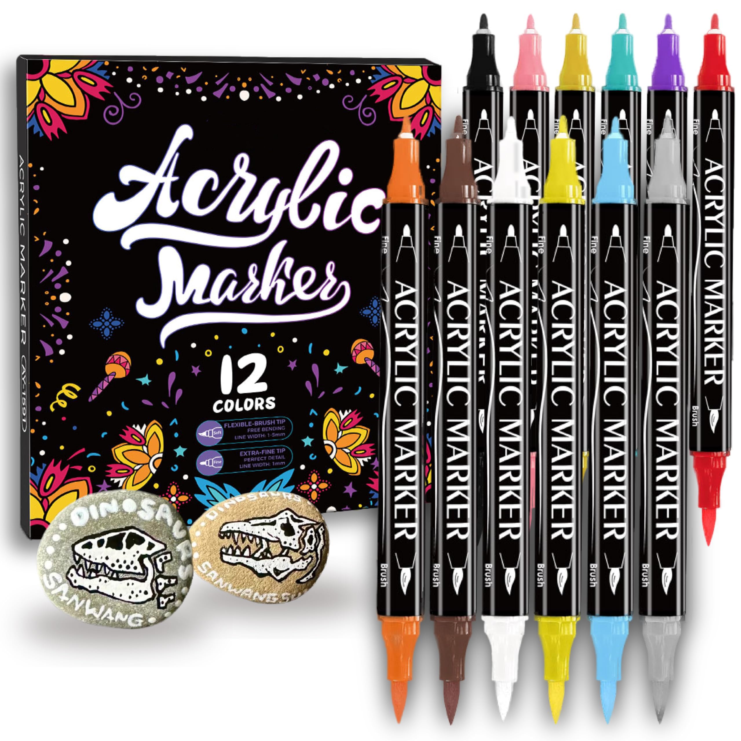 TERRIFI 12 Colors Double Tip Acrylic Paint Pens, Versatile Markers for Wood, Rock, Canvas, Stone, Glass, and Ceramic, Perfect for DIY Crafts and Artistic Projects Multicolour-12pcs