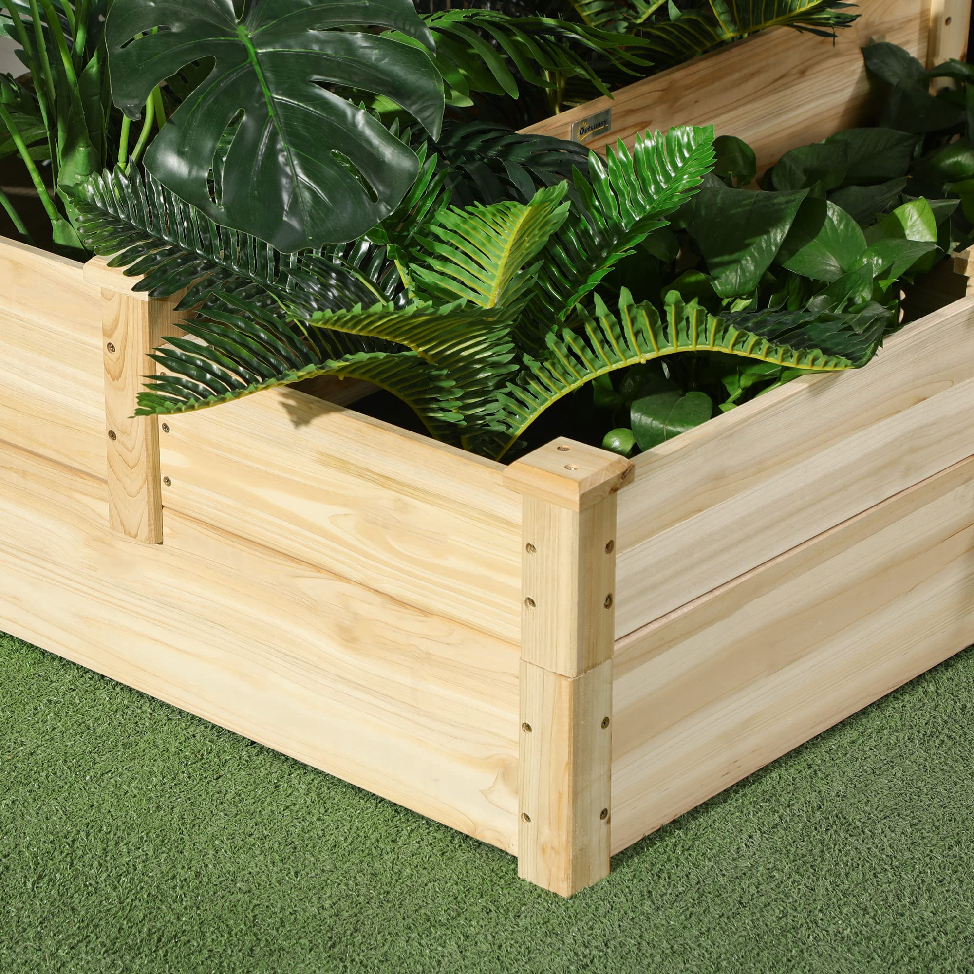 Outsunny Carré Potager en Bois, jardinière extérieure en escalier, 3 Niveaux, Zones séparées, Design sans Fond, 108 x 88 x 36 cm, Bois Naturel