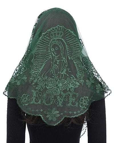 Bozidol Catholic Veils for Church Women: Triangle Virgin Mary Sunflower Veil, Floral Embroidered Lace Veils for Mass Chapel - Green 01