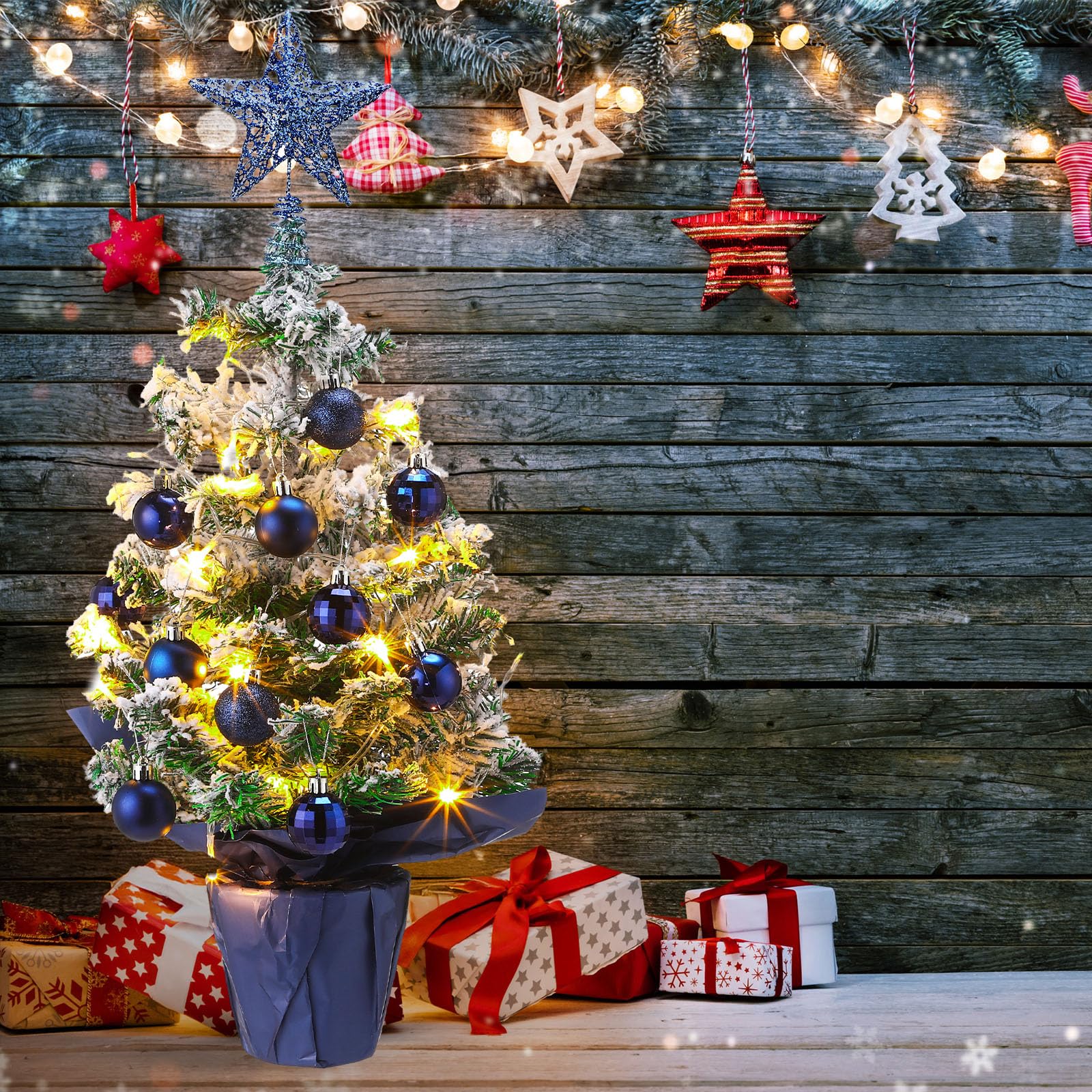 Sumind Mini sapin de Noël de table de 61 cm/0,6 m avec lumières LED, 24 boules de Noël, petit arbre artificiel vert pré-éclairé pour table de Noël, vacances d'intérieur (bleu marine, bleu marine)