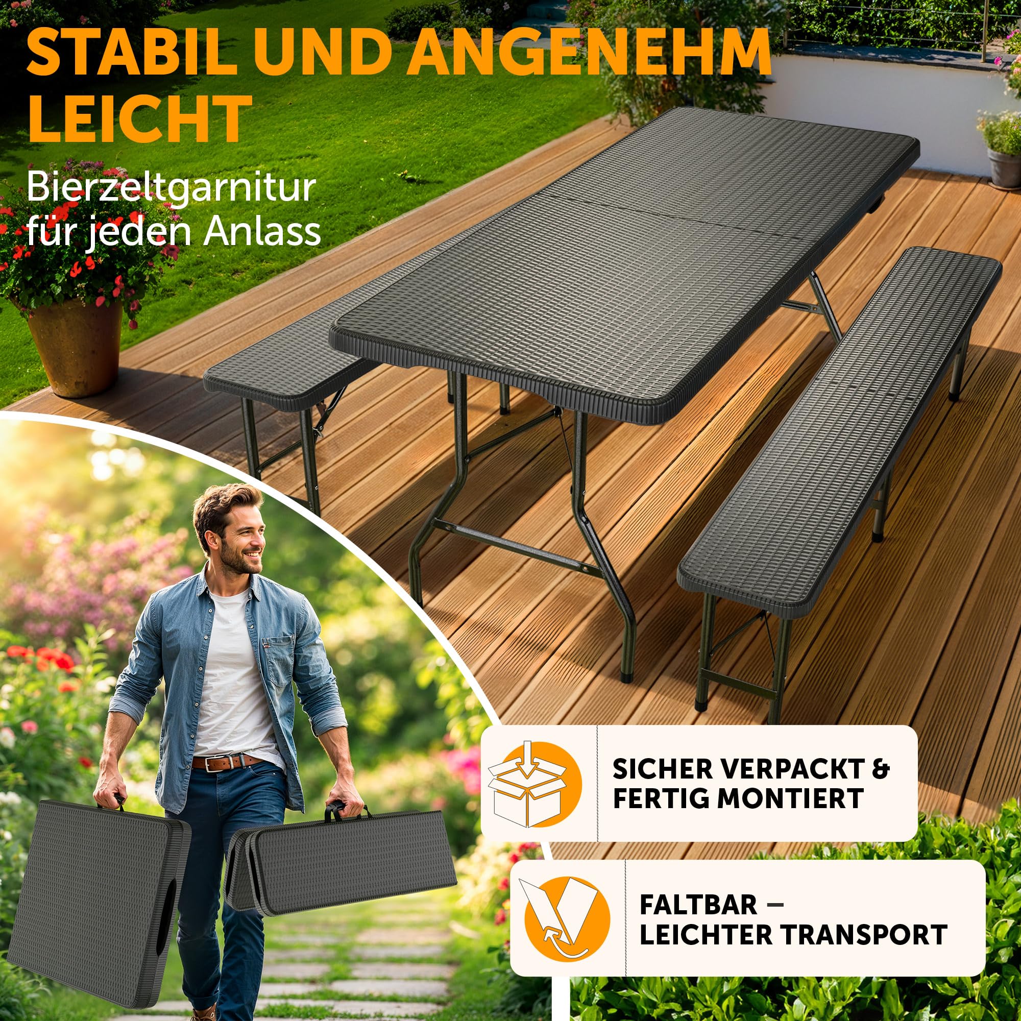 Blumtal Bierzeltgarnitur 3er Set - 2X Bierbank + 1x Biertisch - tragstarke Biertischgarnitur klappbar für 8 Personen - Bierbankgarnitur mit Tragegriff - Biergartengarnitur in Rattan-Optik Schwarz