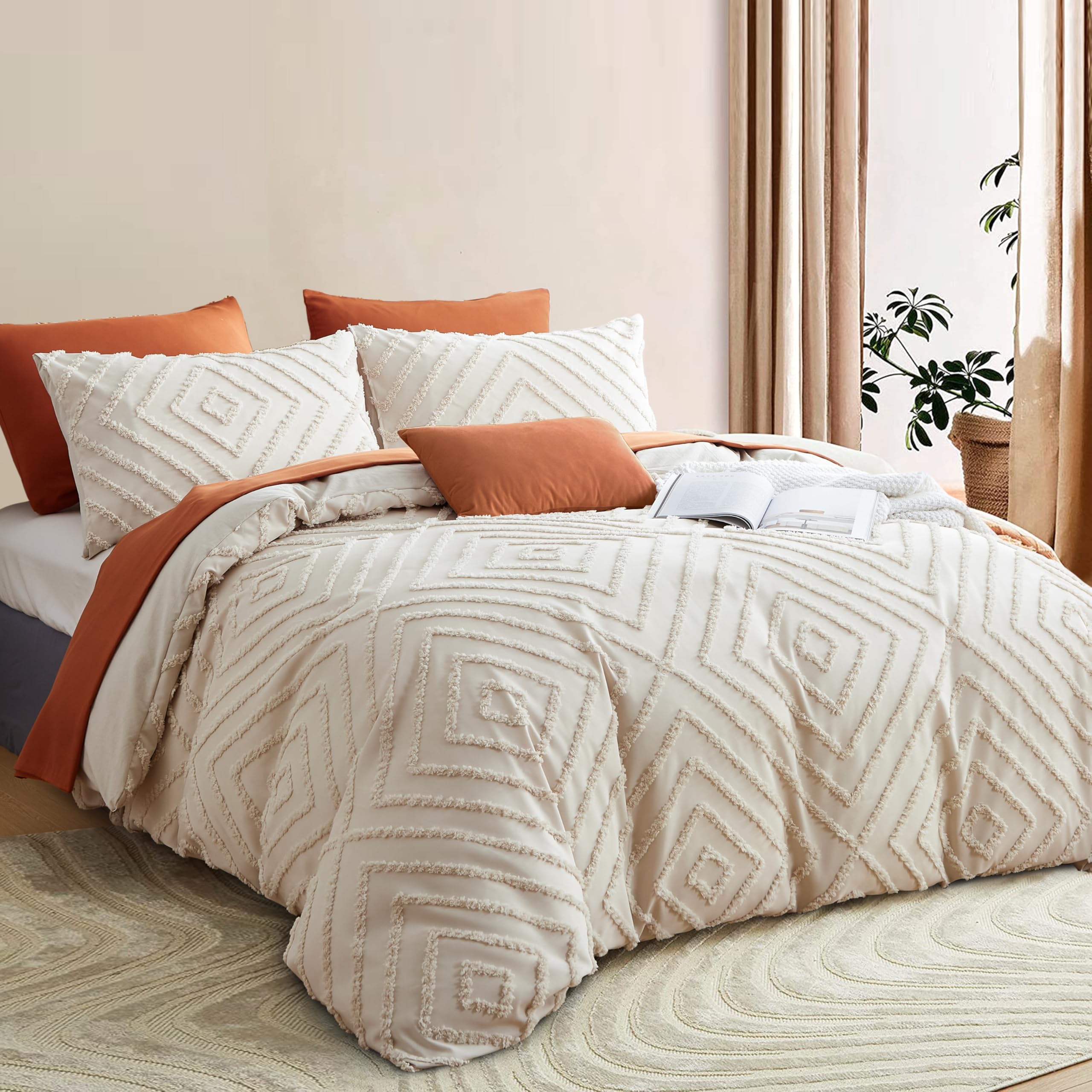 Tospass Juego de ropa de cama beige de 220 x 240 cm con bordado hecho a mano, estilo vintage con mechones, estilo bohemio, estilo shabby chic, microfibra lavada, 1 funda nórdica con cremallera, 2