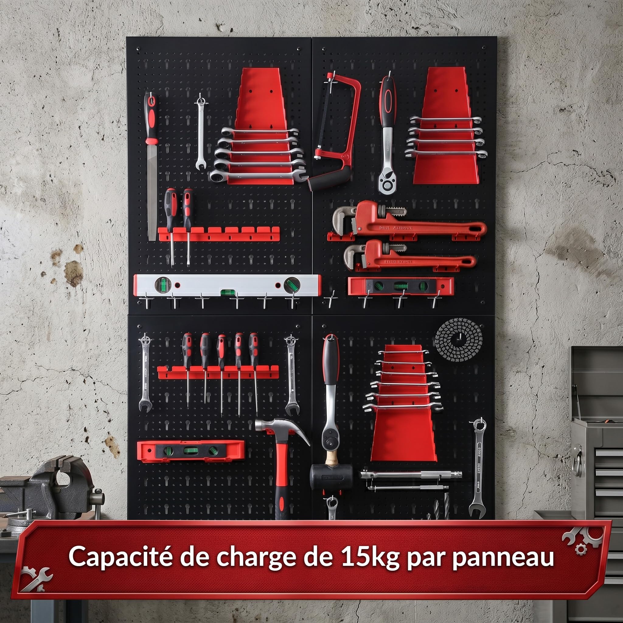 KARAT Parker - Pannello da parete per attrezzi con accessori in metallo perforato, supporto per officina e garage (nero/rosso, set di 4 pannelli)