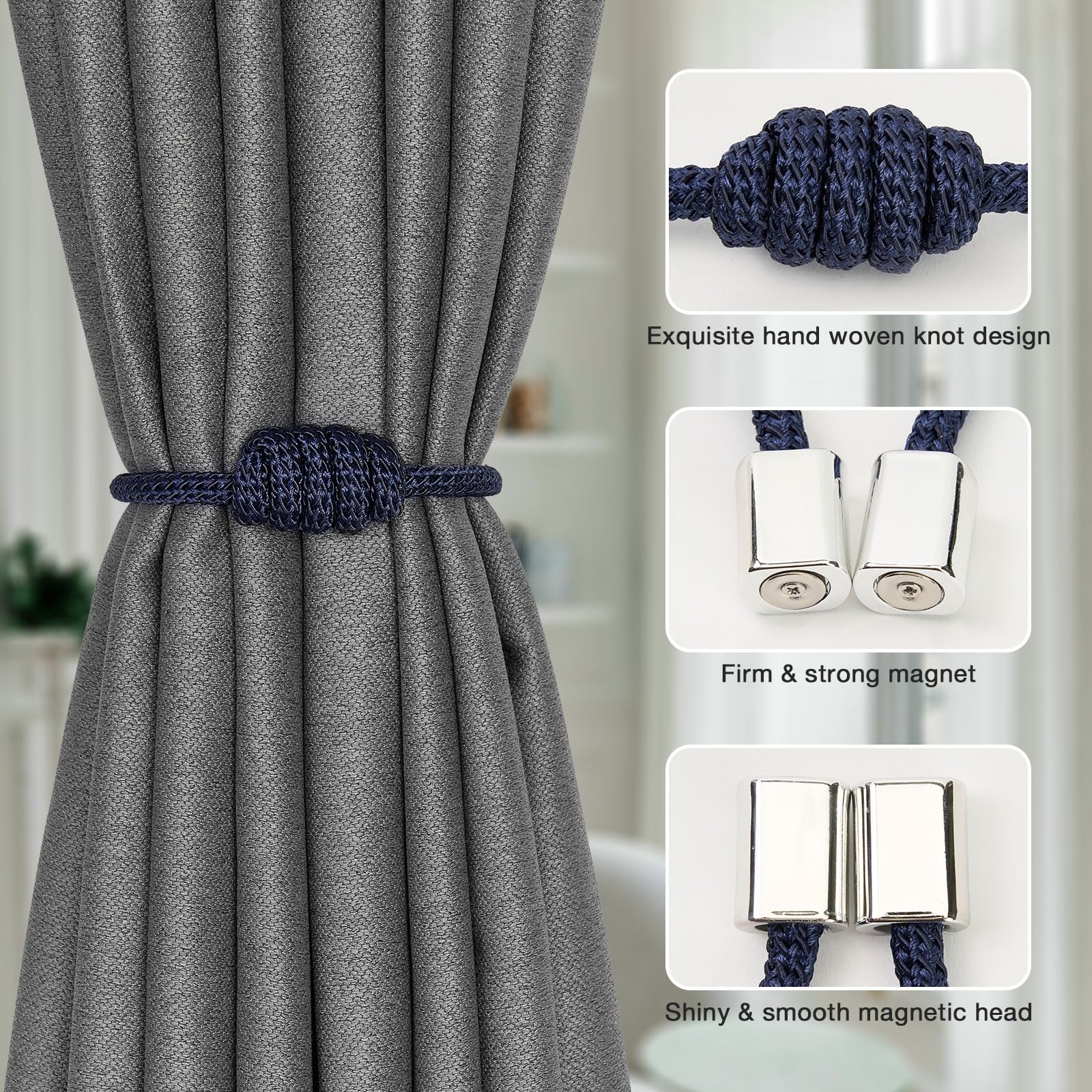 Pretty Jolly 2 Pack Mini Magnetic Curtain Tiebacks Modern Simple Style Drape Tie Backs Elegant Hand Weave Rope Knot Decorative Curtain Holdbacks for Home & Office Window Drapery (Dark Blue) - Image 3