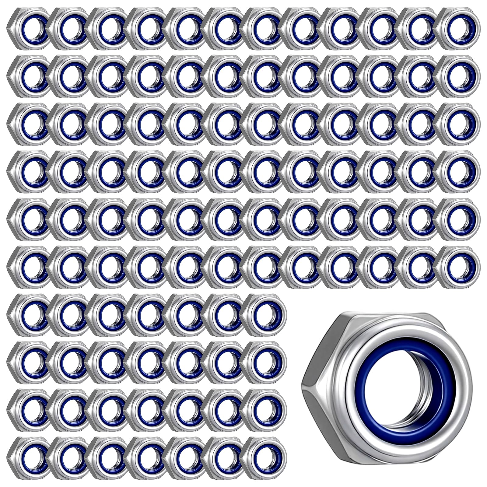 100Pcs M6 Nuts M6 Nylock Nuts Self-locking Stainless Steel Self Clinching Nut Nylon Locknuts for Fastener Nylon Insert Hex Lock Nut Replacement Silver Hex Fasteners for Bolts