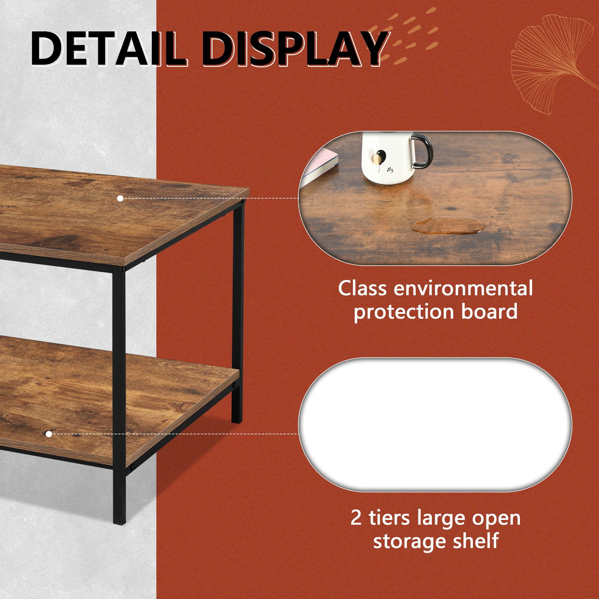 Pequeña mesa de centro rectangular marrón de madera y metal con estante de almacenamiento para salas de estar pequeñas 2