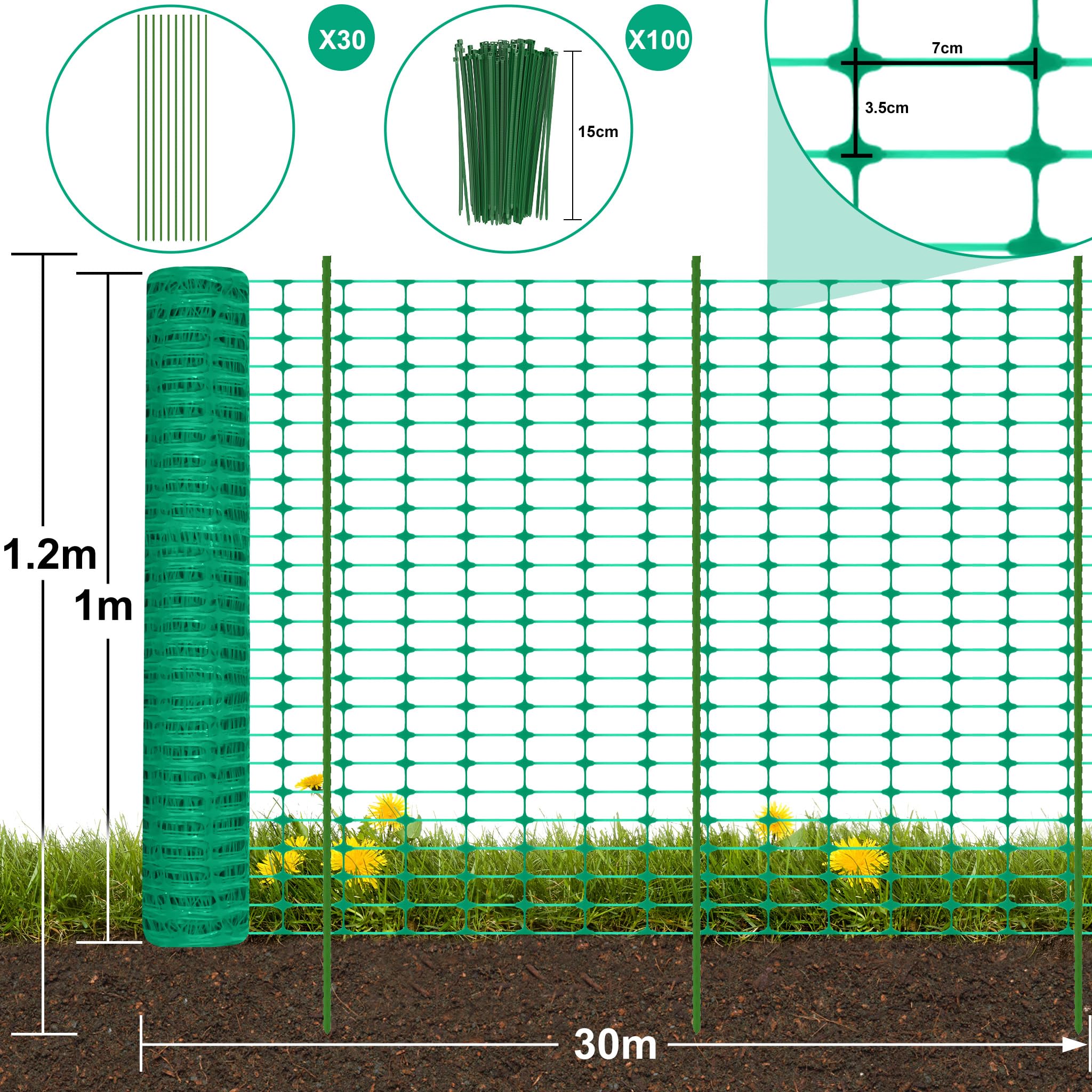 FIVMEN Begrenzungszaun 100cm Hoch Hühnerzaun Weidezaun Hundezaun inkl. 30 Pfähle und 100 Bindebänder Kunststoff Steckzaun Gartenzaun Mobiler Zaun, 30m