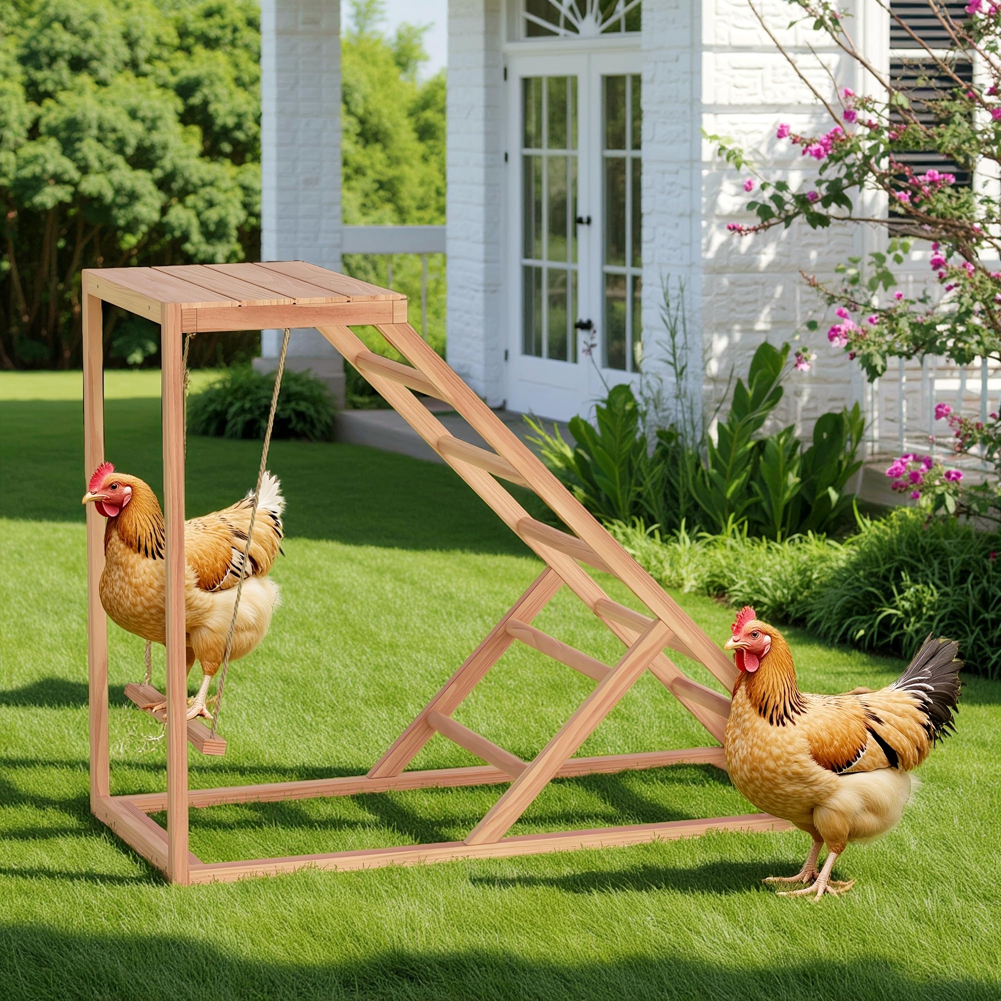 Kecreque Chicken Roosting Bars with Bird Swing, Ramp, Bars Toys for Pet's Health & Happy, Chicken Perch Easy to Clean, Exercise The Bird's Claws Suitable for Backyard Farms 38.11 X 15.75 X 27.95 (A)
