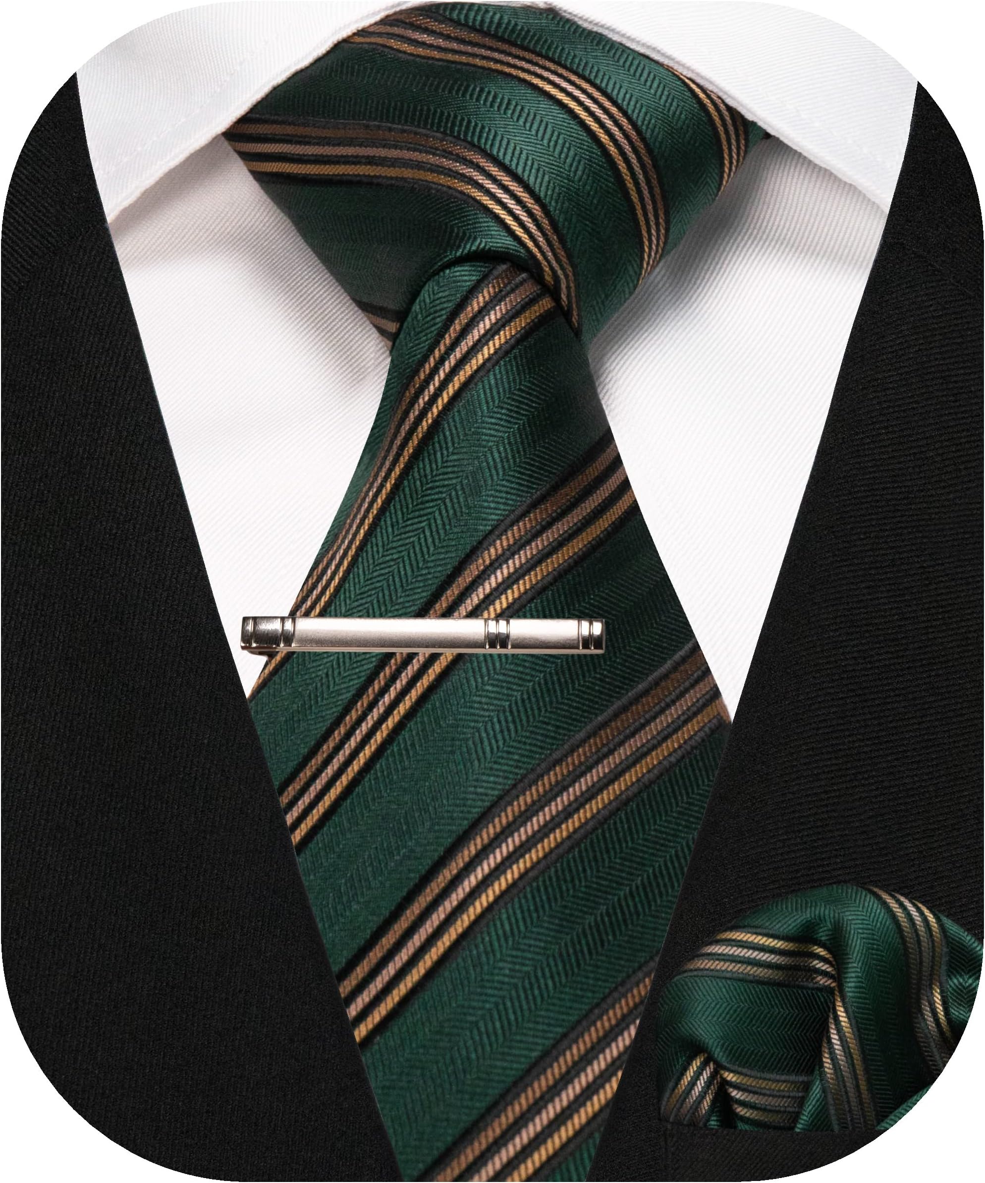 RBOCOTTSilk Stripe Plaid Tie and Pocket Square with Tie Clip Sets for Men