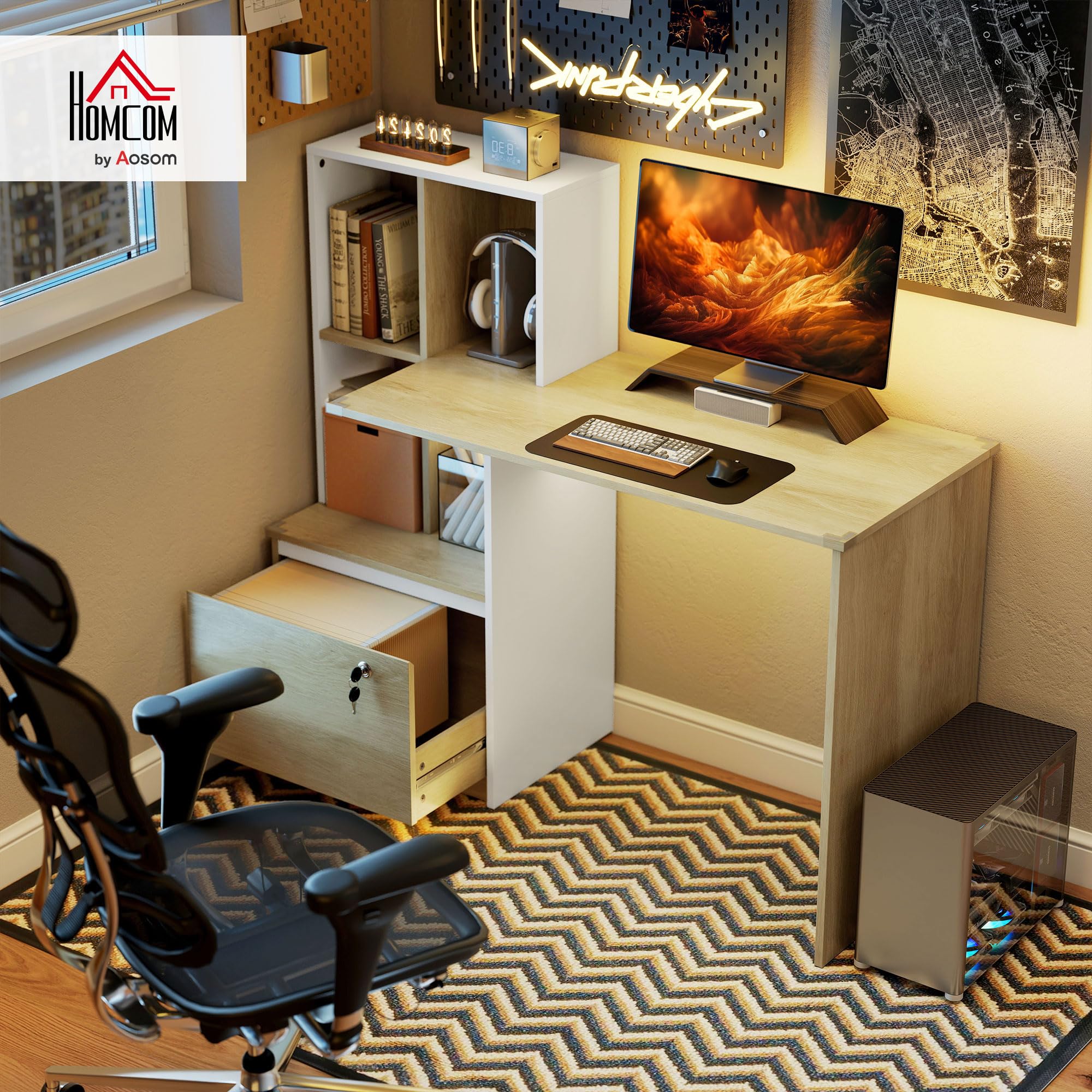 HOMCOM Bureau d'Ordinateur avec Bibliothèque, 4 Compartiments et Tiroir Verrouillable à Dossiers, Patins Anti-Collision, Table Informatique pour Chambre, Salle d'Étude, 126x50x109cm, Chêne et Blanc