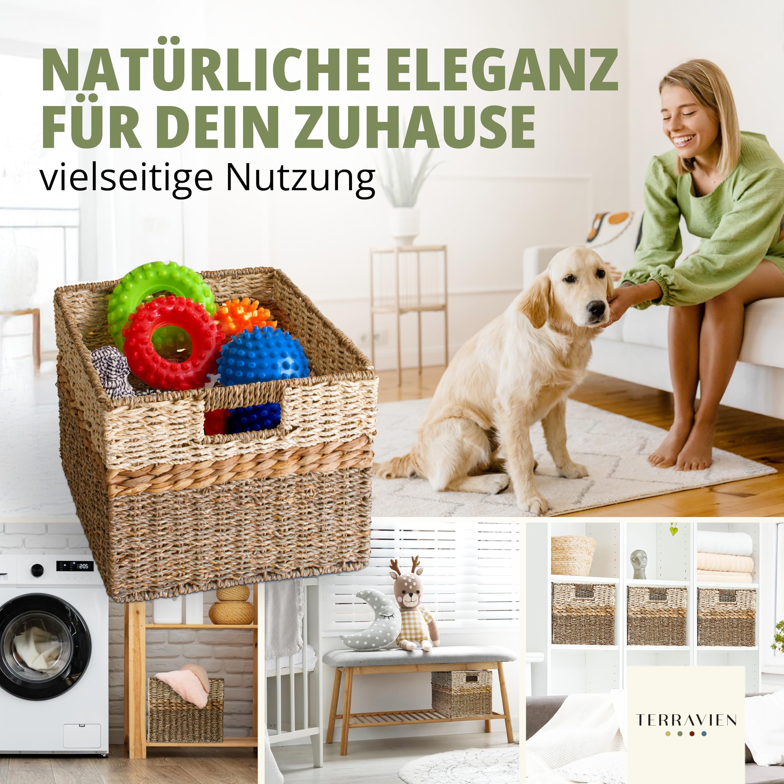 Aufbewahrungskörbe 2er Set Seegras Wasserhyazinthe 33x30xH26 cm | Besonderer Naturmix aus Seegras, Wasserhyazinthe und Palmblatt, handgefertigt, faltbar, für KALLAX, Küche, Bad, Wohnzimmer