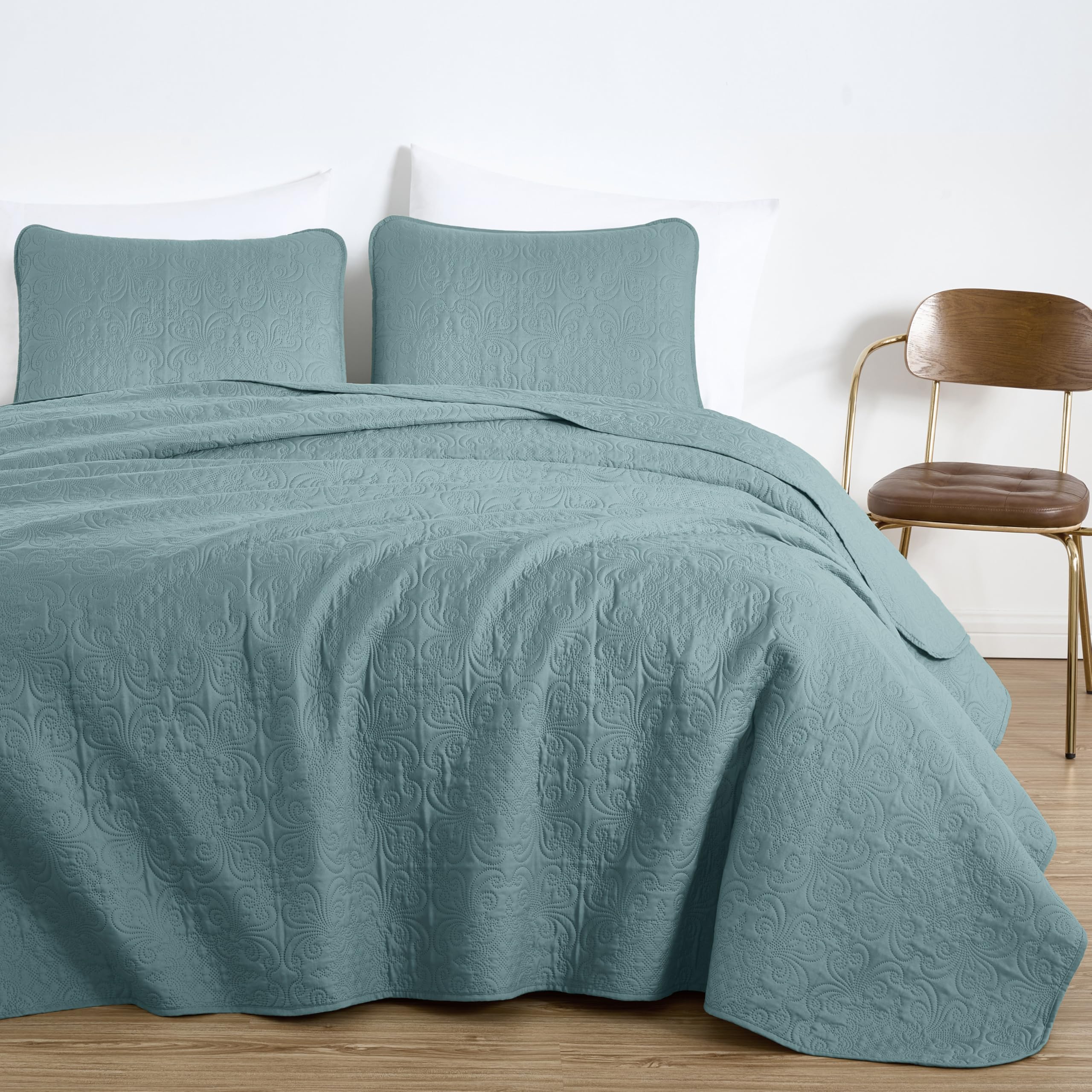 Copriletto Chezmoi Collection Luca 3 Pezzi Per Letto King Size – Trapuntato Ultrasuoni, Motivo Floreale Medaglione, Microfibra, 300x269 Cm, Federe 51x91 Cm