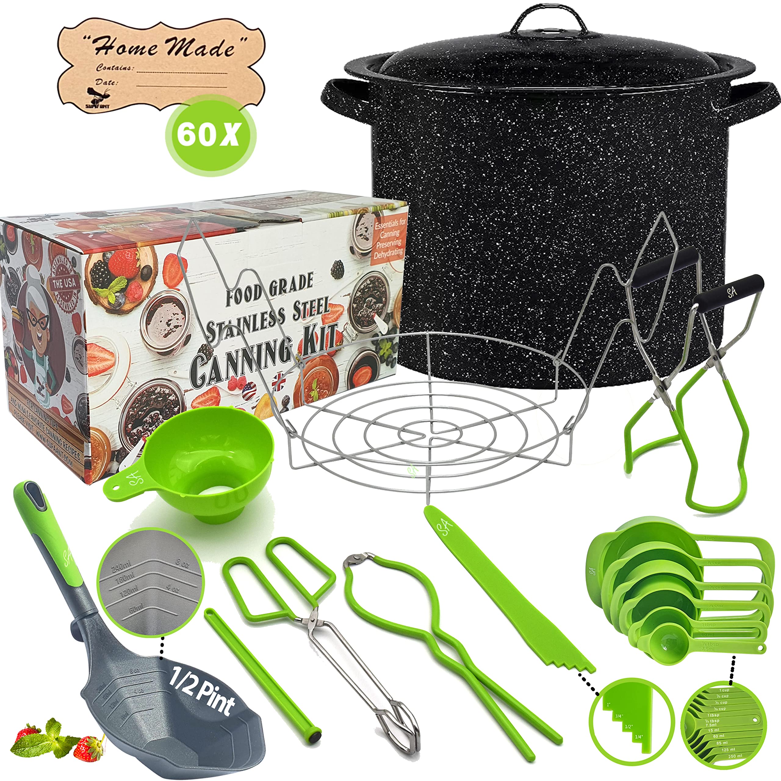 Canning Pot with Rack and full Canning Set + Â½ Pint ladle + Measuring Cups - Canning Supplies - Canning Kit for Beginner, Food Grade Stainless Steel Canning Accessories - Canning Supplies Starter Kit