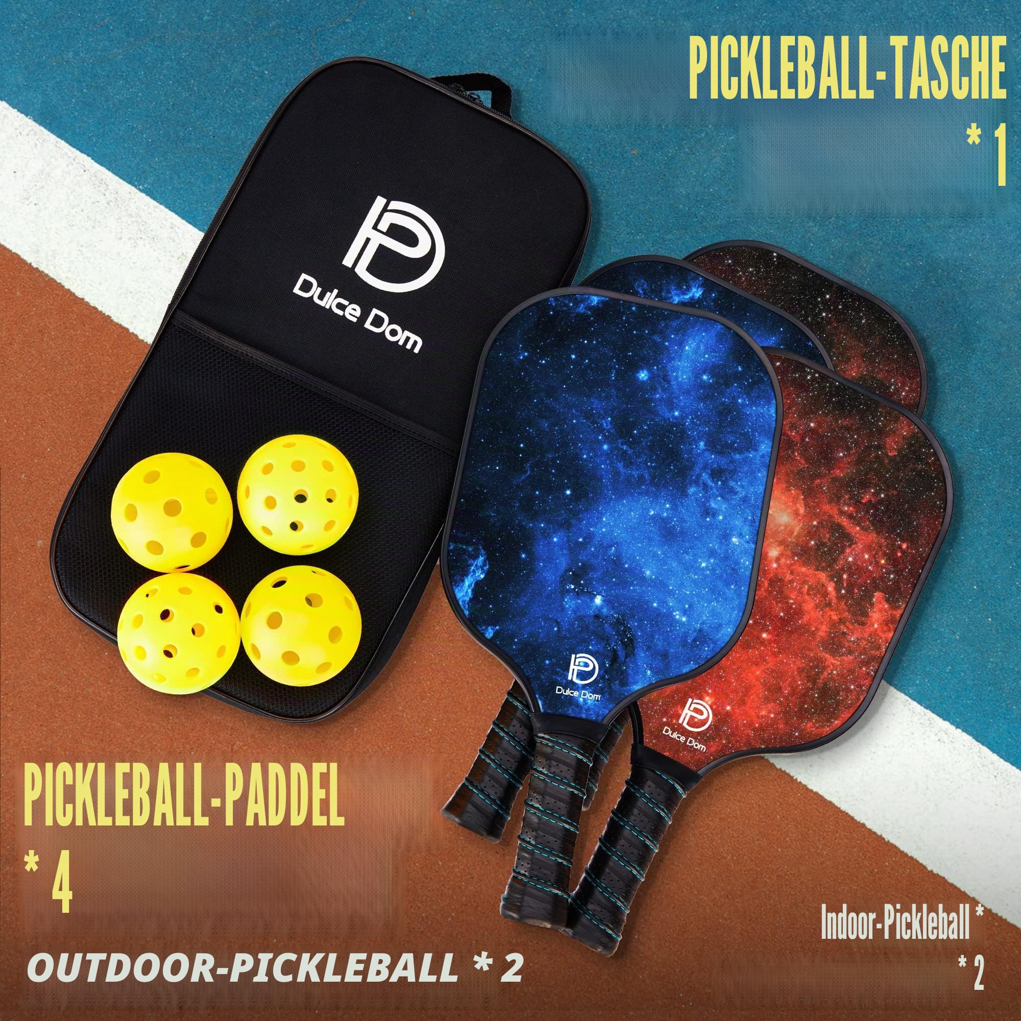 DULCE DOM Pickleball-Paddel, 2er- / 4er-Set, USAPA-genehmigt, Fiberglas/Kohlefaser, Pickleballschläger mit 4 Pickleball-Bällen für drinnen und draußen, Pickleball-Tasche, ideales