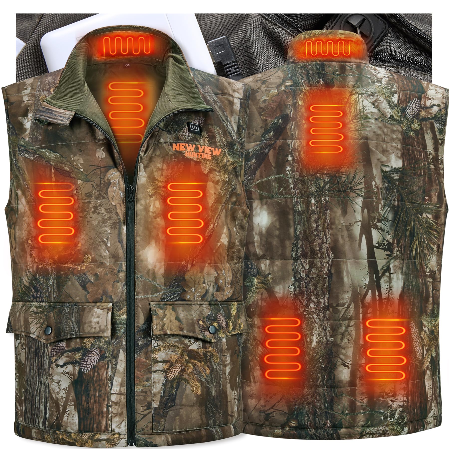 NEW VIEW Men's Camo Heated Vest with 10000mAh Battery Pack, USB Charged Warm Heating Vest for Winter Outdoor Hunting, Fishing