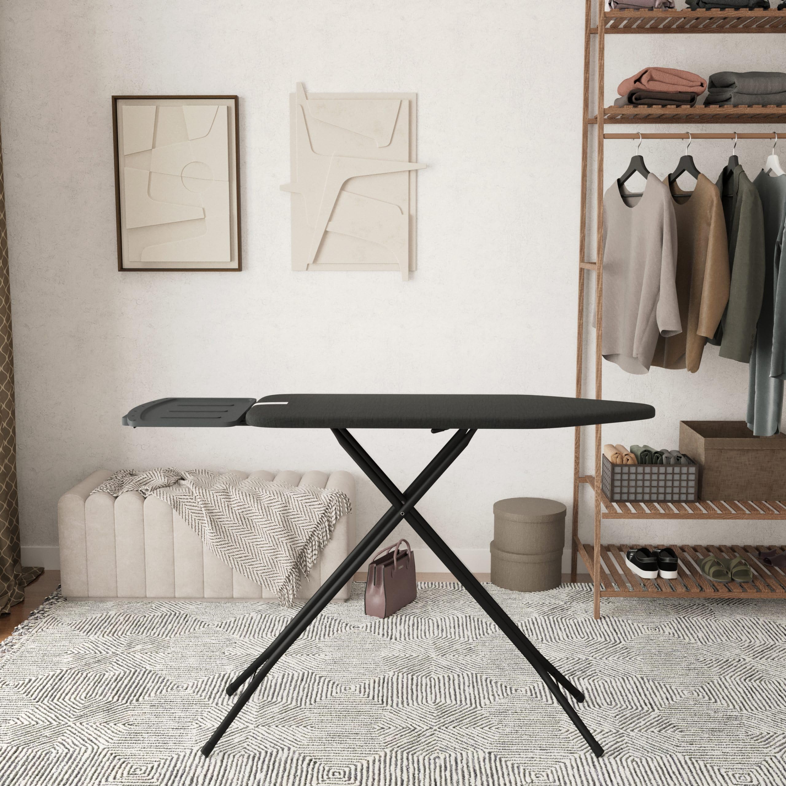bügelbrett – Extra breites Bügelbrett für Dampfgenerator – 124x44 cm – Robust und stabil – Höhenverstellbar – Luxuriöses Bügelerlebnis – Farbe: Dust Grey