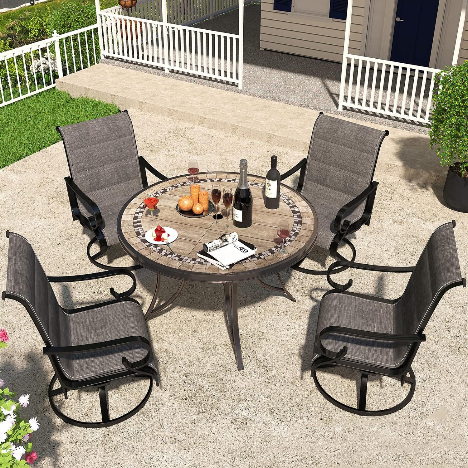Amazon.com: MONDAWE Cast Aluminum Outdoor Dining Set Round Patio Table ...