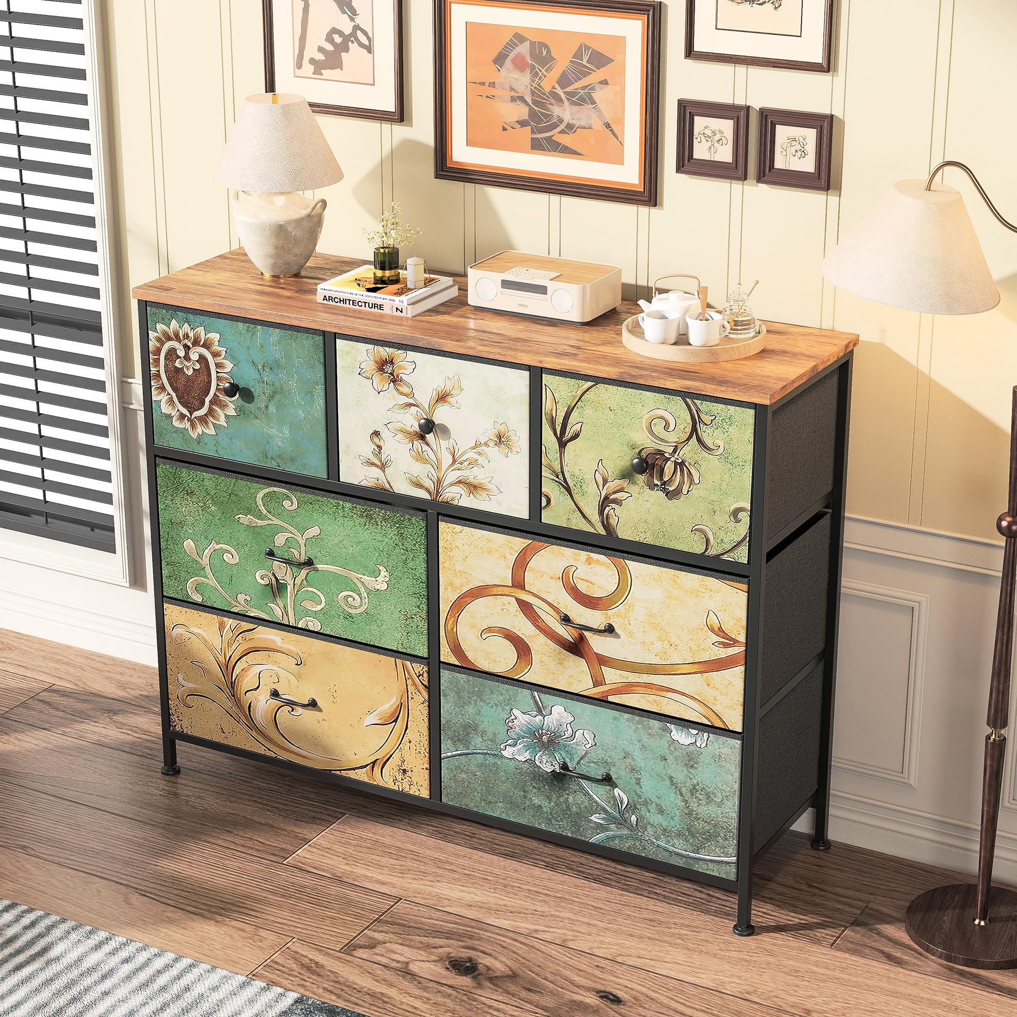 Komoda z 7 szufladami, komoda z szufladami z materiału, komoda do sypialni, wysoka szafka z szufladami, do kuchni, biura, przedpokoju, wzór vintage (100 x 30 x 78 cm)